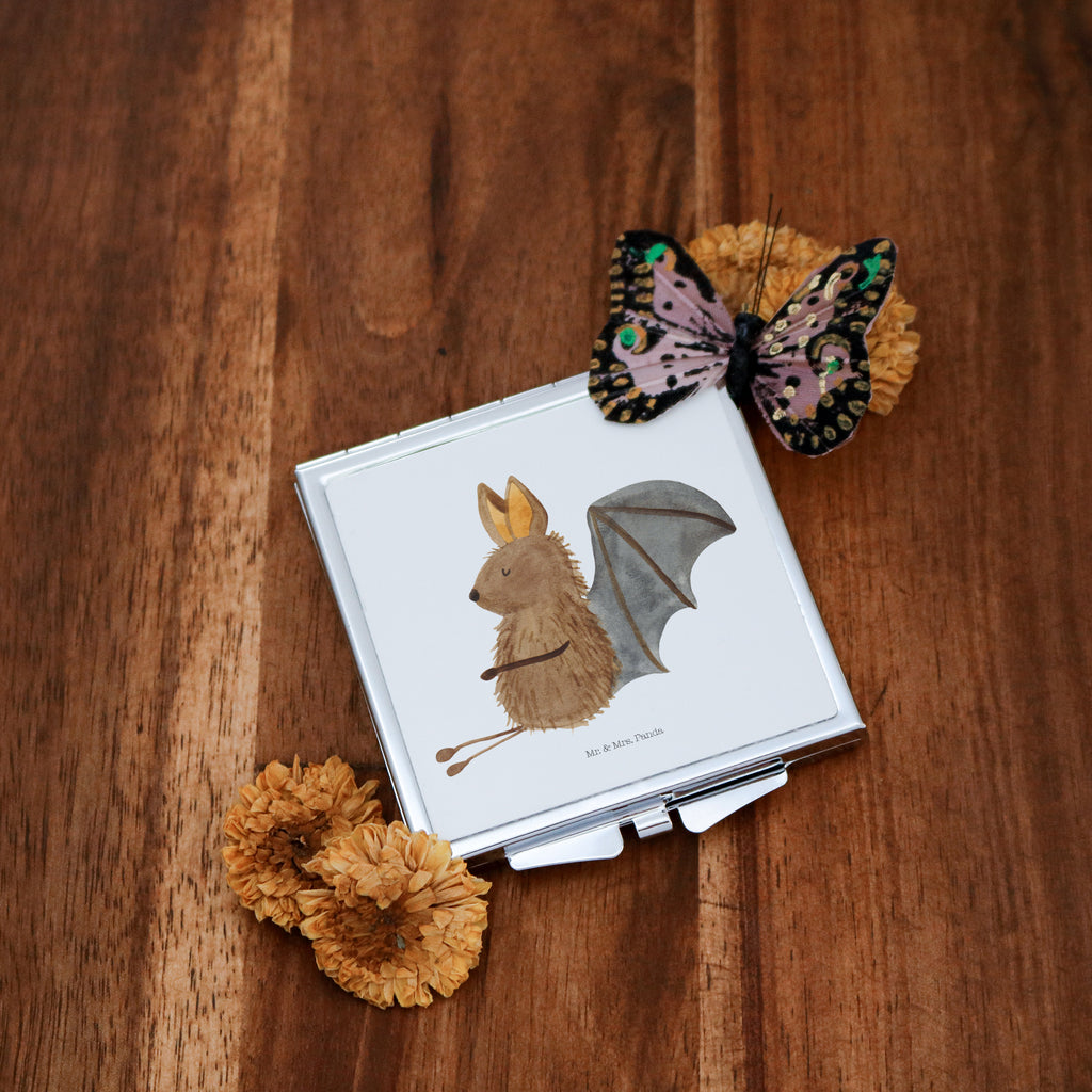 Handtaschenspiegel quadratisch Fledermaus sitzend Spiegel, Handtasche, Quadrat, silber, schminken, Schminkspiegel, Tiermotive, Gute Laune, lustige Sprüche, Tiere, Fledermaus, Fledermäuse, Motivation, entspannen