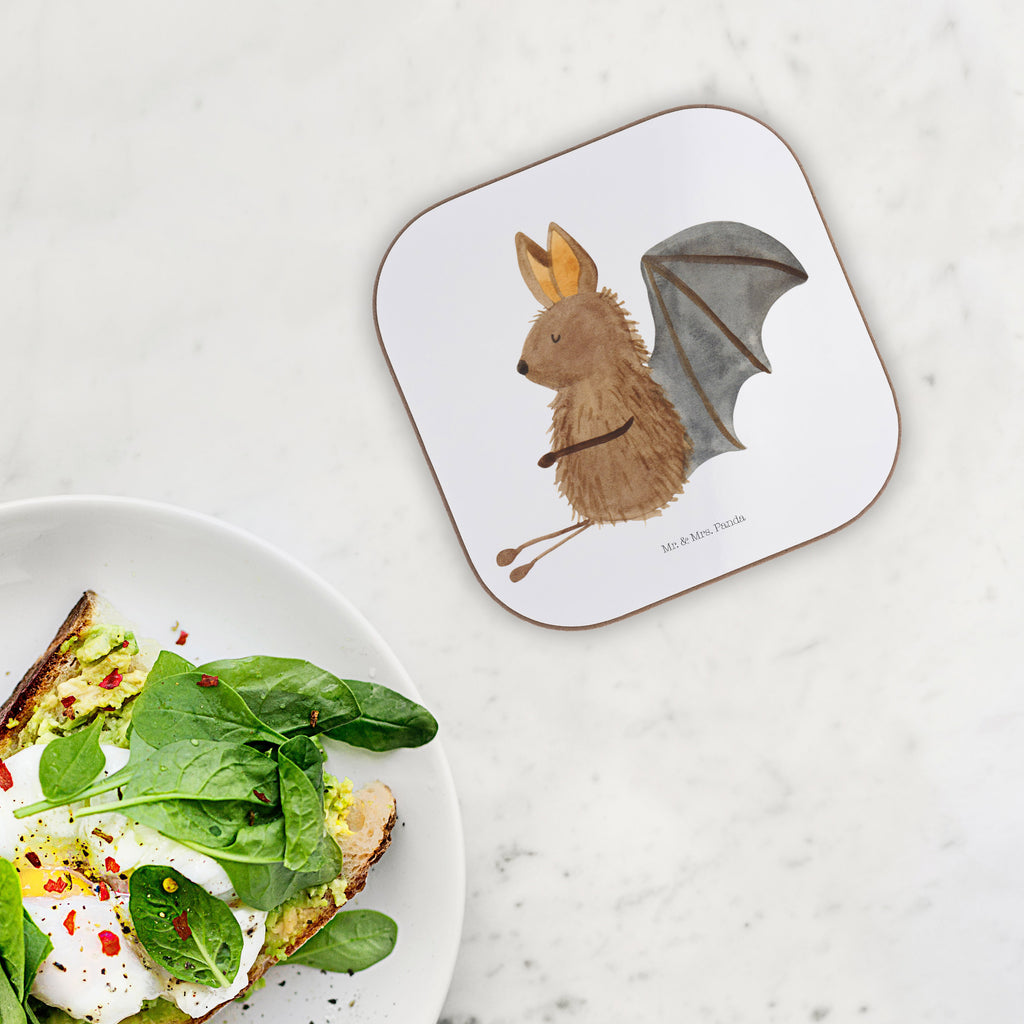 Quadratische Untersetzer Fledermaus sitzend Bierdeckel, Glasuntersetzer, Untersetzer Gläser, Getränkeuntersetzer, Tiermotive, Gute Laune, lustige Sprüche, Tiere, Fledermaus, Fledermäuse, Motivation, entspannen