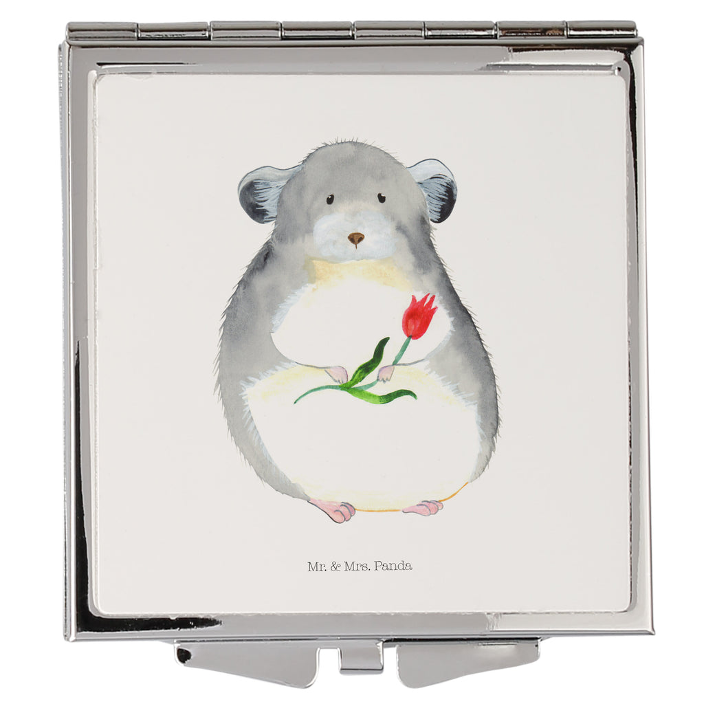 Handtaschenspiegel quadratisch Chinchilla mit Blume Spiegel, Handtasche, Quadrat, silber, schminken, Schminkspiegel, Tiermotive, Gute Laune, lustige Sprüche, Tiere, Chinchilla, Chinchillas, Liebeskummer, Kummer, Depressionen, traurig sein, Chaos, Glücklichsein, Büro, Büroalltag