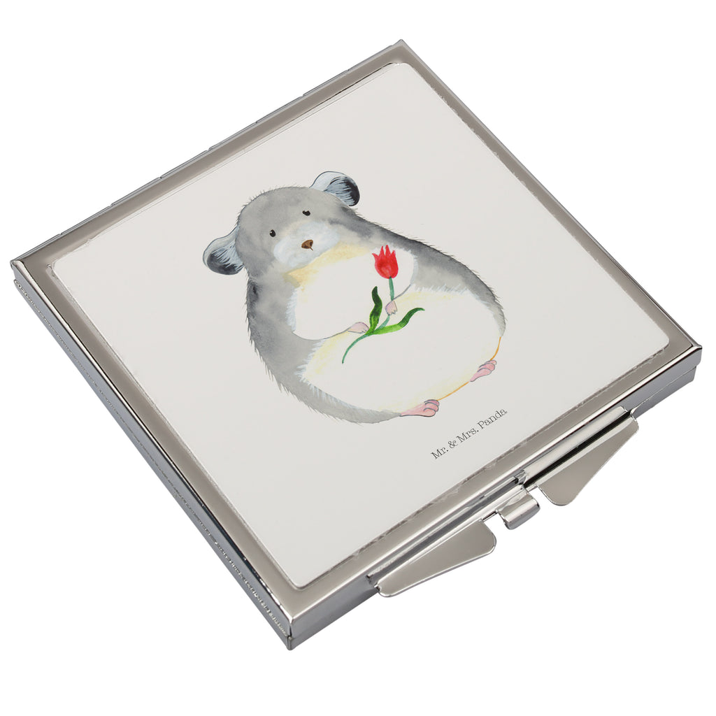 Handtaschenspiegel quadratisch Chinchilla mit Blume Spiegel, Handtasche, Quadrat, silber, schminken, Schminkspiegel, Tiermotive, Gute Laune, lustige Sprüche, Tiere, Chinchilla, Chinchillas, Liebeskummer, Kummer, Depressionen, traurig sein, Chaos, Glücklichsein, Büro, Büroalltag