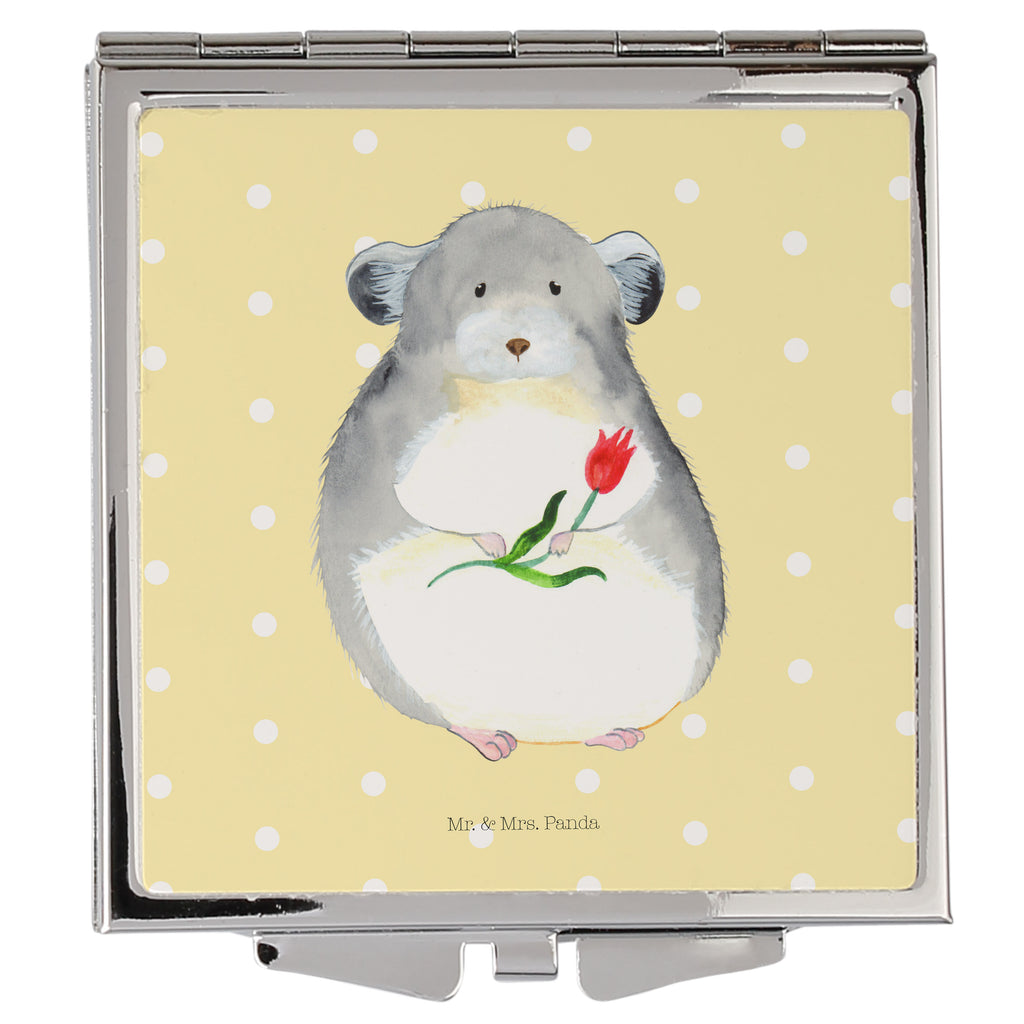 Handtaschenspiegel quadratisch Chinchilla mit Blume Spiegel, Handtasche, Quadrat, silber, schminken, Schminkspiegel, Tiermotive, Gute Laune, lustige Sprüche, Tiere, Chinchilla, Chinchillas, Liebeskummer, Kummer, Depressionen, traurig sein, Chaos, Glücklichsein, Büro, Büroalltag