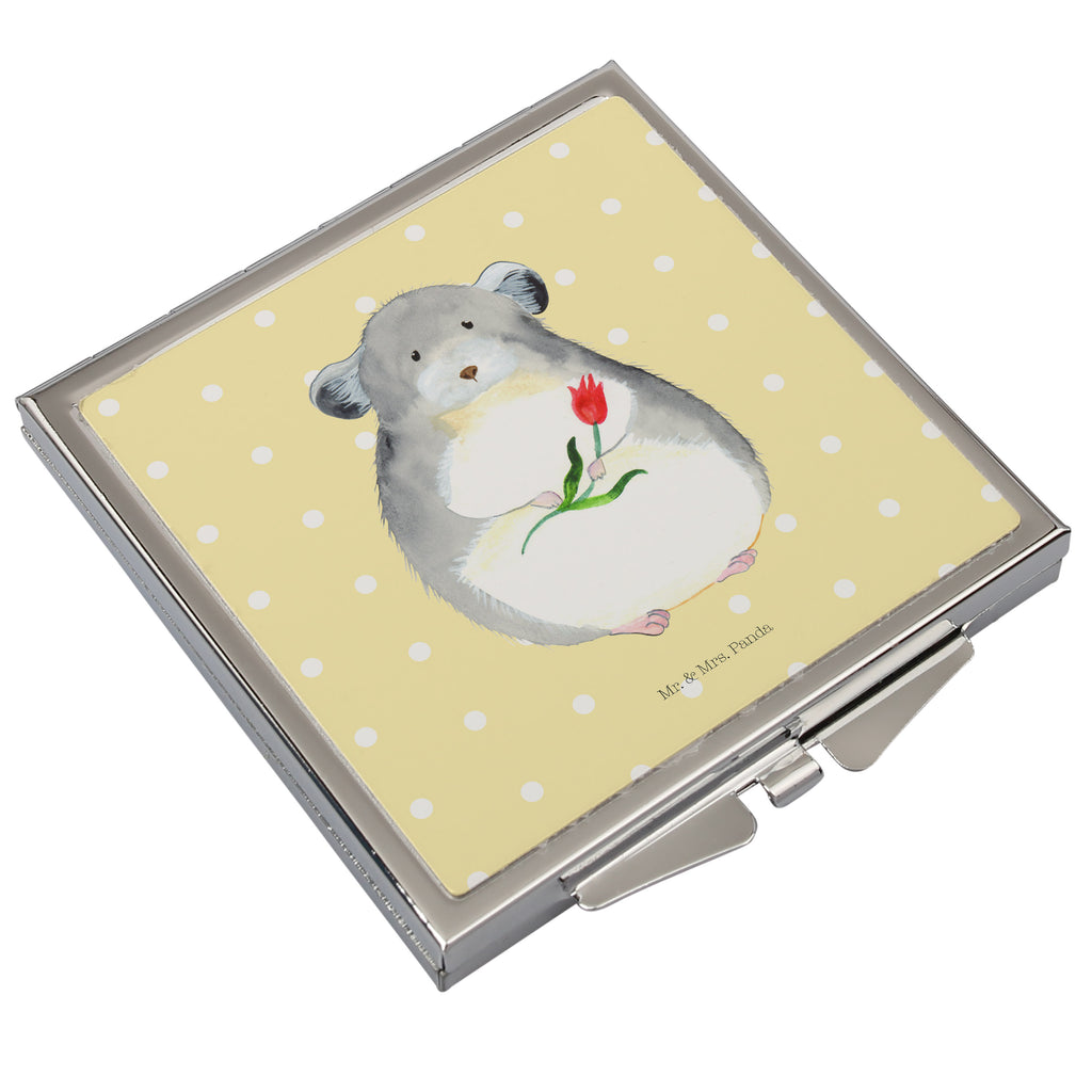 Handtaschenspiegel quadratisch Chinchilla mit Blume Spiegel, Handtasche, Quadrat, silber, schminken, Schminkspiegel, Tiermotive, Gute Laune, lustige Sprüche, Tiere, Chinchilla, Chinchillas, Liebeskummer, Kummer, Depressionen, traurig sein, Chaos, Glücklichsein, Büro, Büroalltag