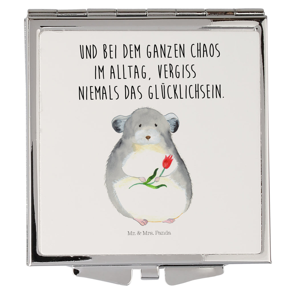 Handtaschenspiegel quadratisch Chinchilla mit Blume Spiegel, Handtasche, Quadrat, silber, schminken, Schminkspiegel, Tiermotive, Gute Laune, lustige Sprüche, Tiere, Chinchilla, Chinchillas, Liebeskummer, Kummer, Depressionen, traurig sein, Chaos, Glücklichsein, Büro, Büroalltag