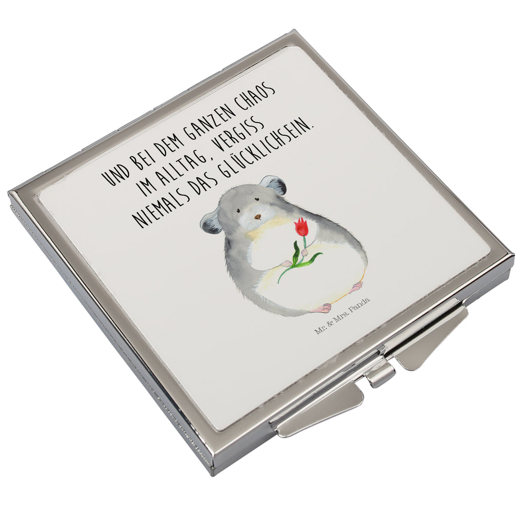 Handtaschenspiegel quadratisch Chinchilla mit Blume Spiegel, Handtasche, Quadrat, silber, schminken, Schminkspiegel, Tiermotive, Gute Laune, lustige Sprüche, Tiere, Chinchilla, Chinchillas, Liebeskummer, Kummer, Depressionen, traurig sein, Chaos, Glücklichsein, Büro, Büroalltag