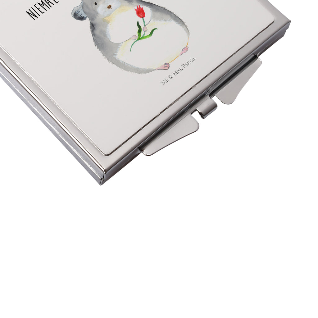 Handtaschenspiegel quadratisch Chinchilla mit Blume Spiegel, Handtasche, Quadrat, silber, schminken, Schminkspiegel, Tiermotive, Gute Laune, lustige Sprüche, Tiere, Chinchilla, Chinchillas, Liebeskummer, Kummer, Depressionen, traurig sein, Chaos, Glücklichsein, Büro, Büroalltag