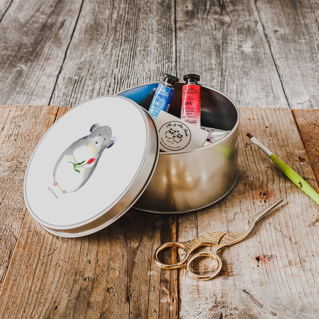 Blechdose rund Chinchilla mit Blume Metalldose, Keksdose, Dose, Vorratsdose, Geschenkbox, Tiermotive, Gute Laune, lustige Sprüche, Tiere, Chinchilla, Chinchillas, Liebeskummer, Kummer, Depressionen, traurig sein, Chaos, Glücklichsein, Büro, Büroalltag