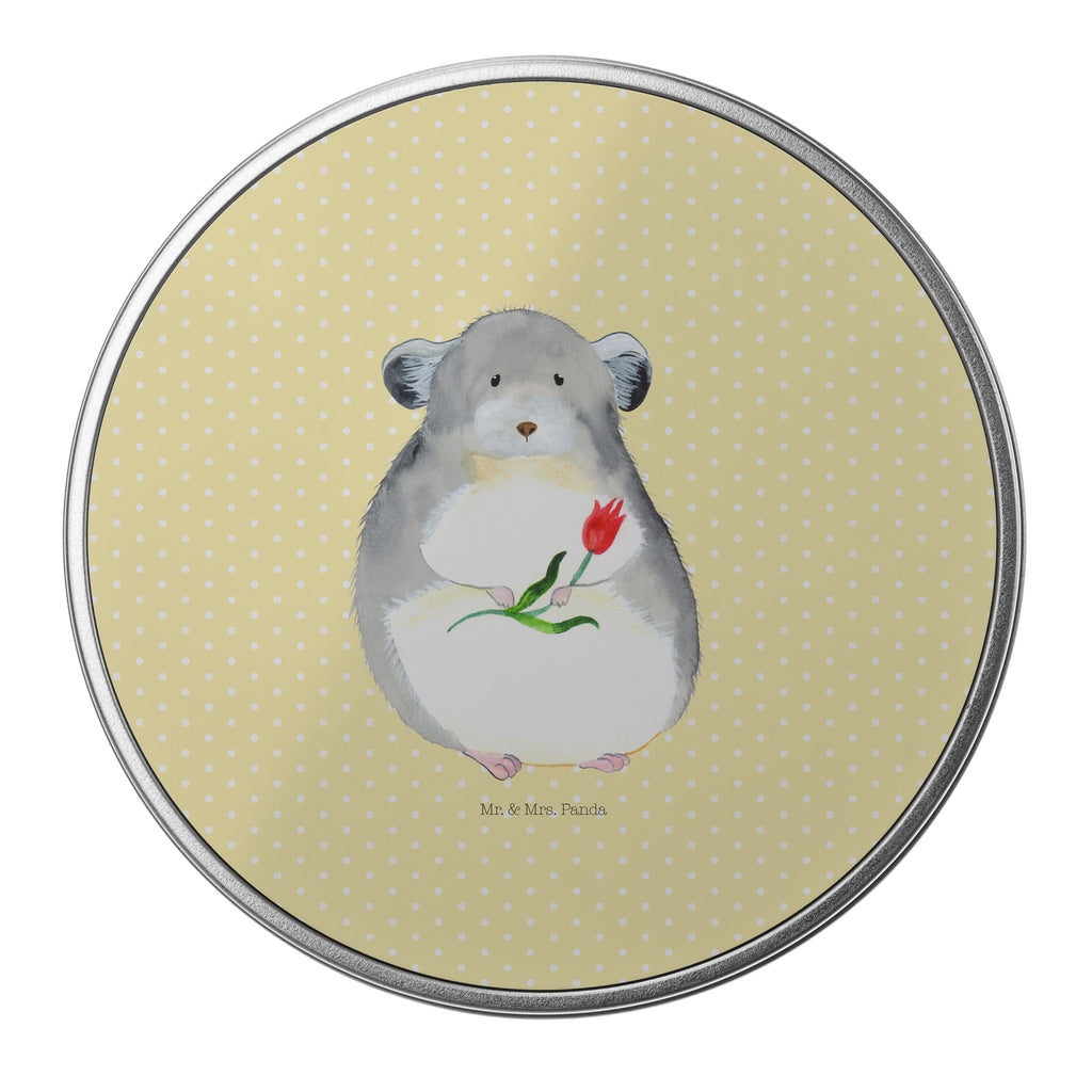 Blechdose rund Chinchilla mit Blume Metalldose, Keksdose, Dose, Vorratsdose, Geschenkbox, Tiermotive, Gute Laune, lustige Sprüche, Tiere, Chinchilla, Chinchillas, Liebeskummer, Kummer, Depressionen, traurig sein, Chaos, Glücklichsein, Büro, Büroalltag