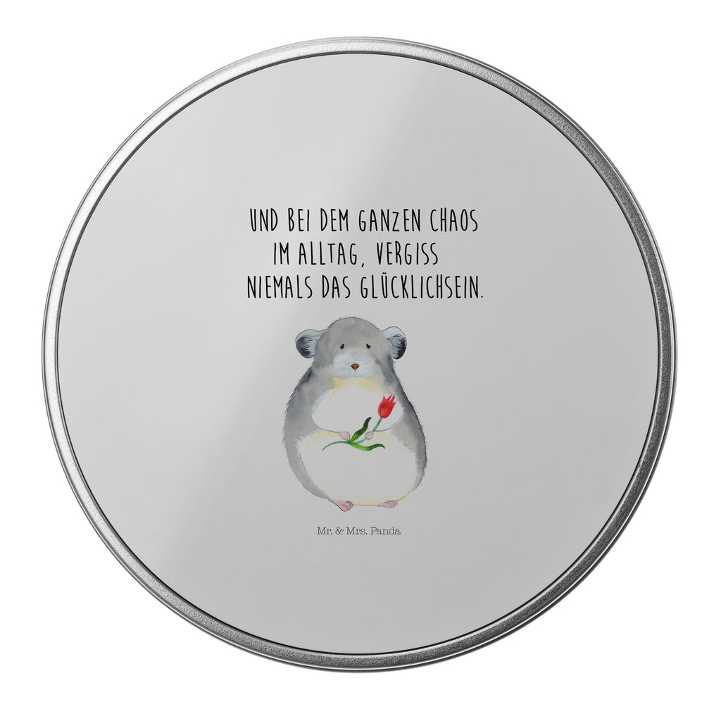 Blechdose rund Chinchilla mit Blume Metalldose, Keksdose, Dose, Vorratsdose, Geschenkbox, Tiermotive, Gute Laune, lustige Sprüche, Tiere, Chinchilla, Chinchillas, Liebeskummer, Kummer, Depressionen, traurig sein, Chaos, Glücklichsein, Büro, Büroalltag