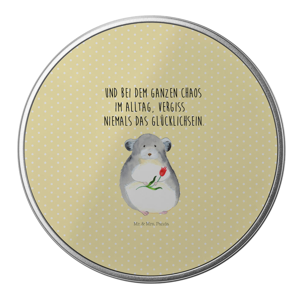 Blechdose rund Chinchilla mit Blume Metalldose, Keksdose, Dose, Vorratsdose, Geschenkbox, Tiermotive, Gute Laune, lustige Sprüche, Tiere, Chinchilla, Chinchillas, Liebeskummer, Kummer, Depressionen, traurig sein, Chaos, Glücklichsein, Büro, Büroalltag