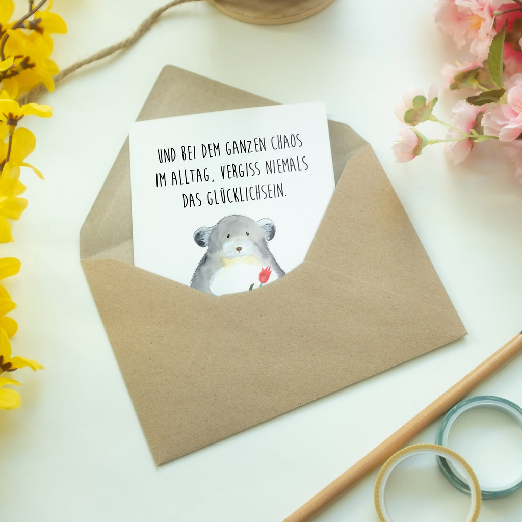 Grußkarte Chinchilla mit Blume Klappkarte, Einladungskarte, Glückwunschkarte, Hochzeitskarte, Geburtstagskarte, Karte, Tiermotive, Gute Laune, lustige Sprüche, Tiere, Chinchilla, Chinchillas, Liebeskummer, Kummer, Depressionen, traurig sein, Chaos, Glücklichsein, Büro, Büroalltag