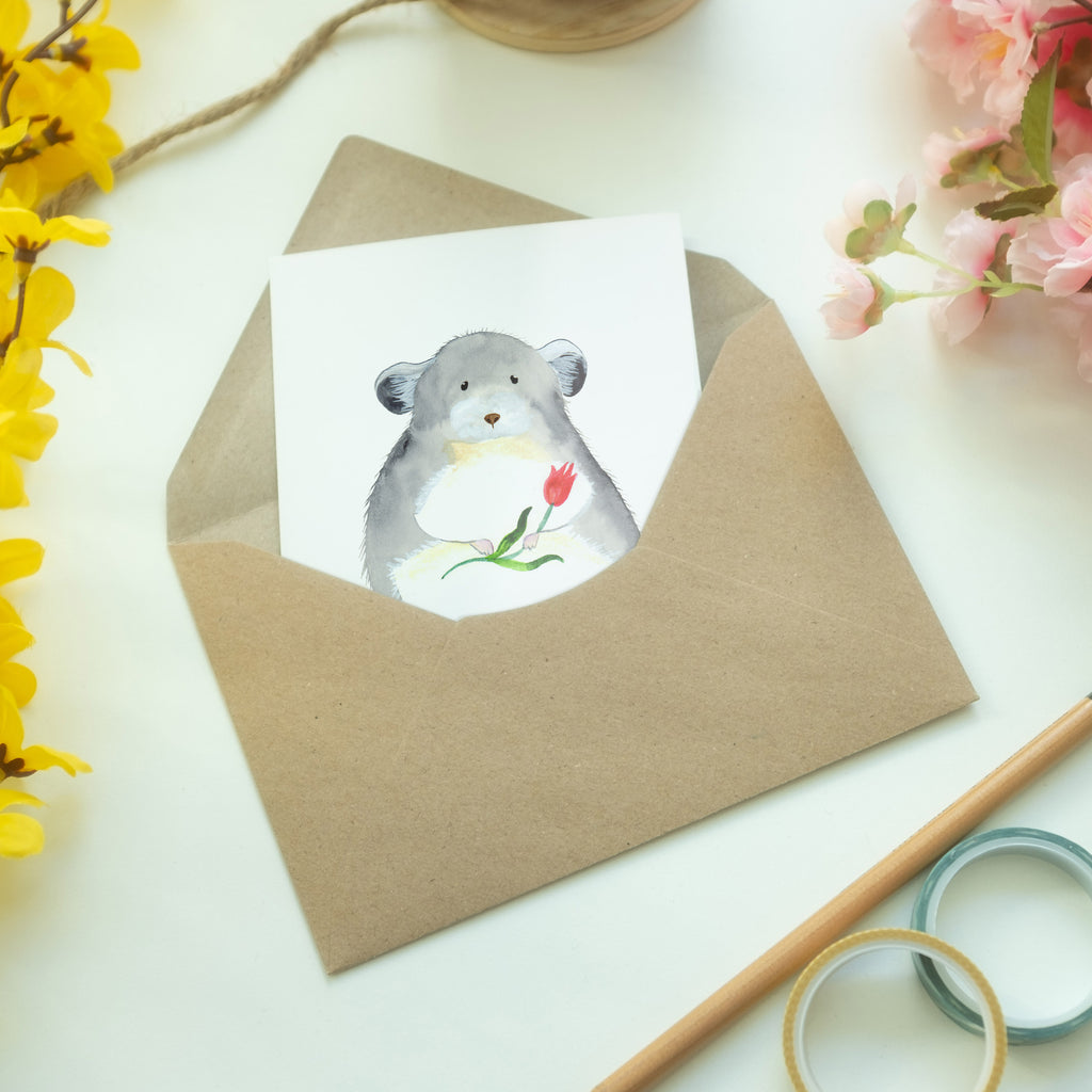 Grußkarte Chinchilla mit Blume Klappkarte, Einladungskarte, Glückwunschkarte, Hochzeitskarte, Geburtstagskarte, Karte, Tiermotive, Gute Laune, lustige Sprüche, Tiere, Chinchilla, Chinchillas, Liebeskummer, Kummer, Depressionen, traurig sein, Chaos, Glücklichsein, Büro, Büroalltag