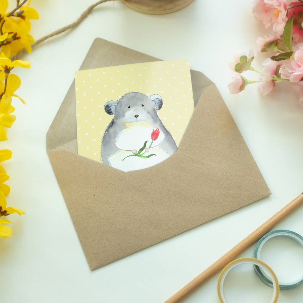 Grußkarte Chinchilla mit Blume Klappkarte, Einladungskarte, Glückwunschkarte, Hochzeitskarte, Geburtstagskarte, Karte, Tiermotive, Gute Laune, lustige Sprüche, Tiere, Chinchilla, Chinchillas, Liebeskummer, Kummer, Depressionen, traurig sein, Chaos, Glücklichsein, Büro, Büroalltag