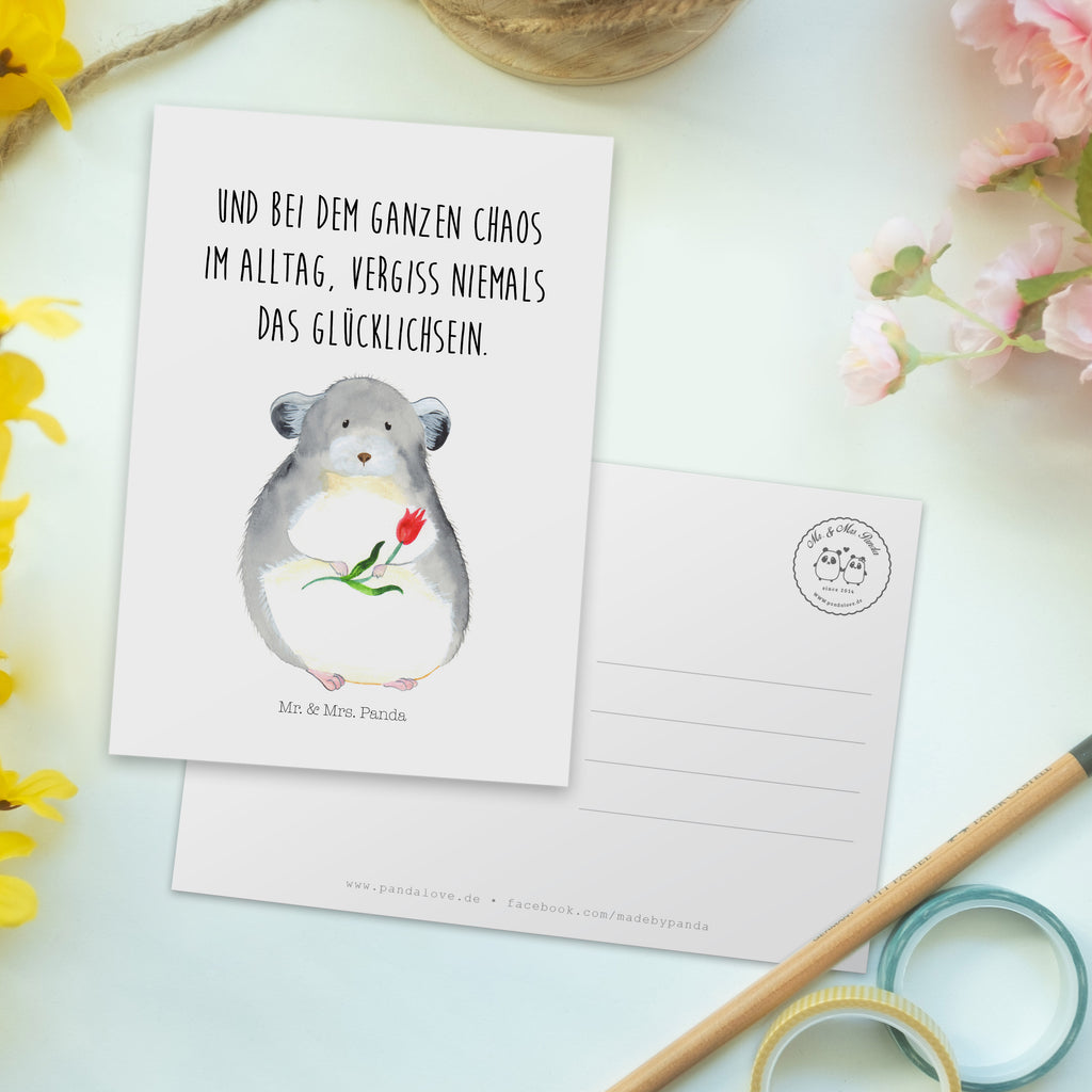 Postkarte Chinchilla mit Blume Geschenkkarte, Grußkarte, Karte, Einladung, Ansichtskarte, Geburtstagskarte, Einladungskarte, Dankeskarte, Tiermotive, Gute Laune, lustige Sprüche, Tiere, Chinchilla, Chinchillas, Liebeskummer, Kummer, Depressionen, traurig sein, Chaos, Glücklichsein, Büro, Büroalltag