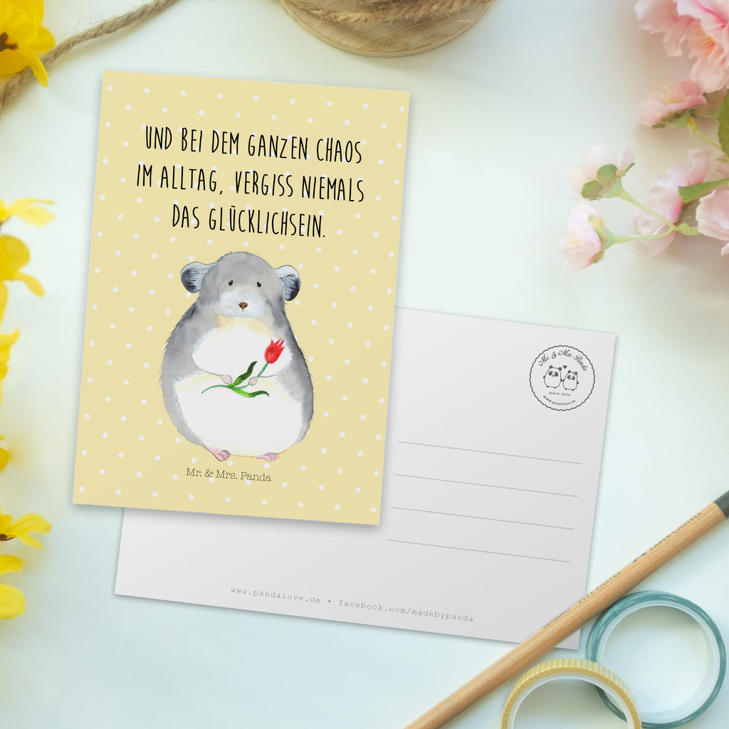 Postkarte Chinchilla mit Blume Geschenkkarte, Grußkarte, Karte, Einladung, Ansichtskarte, Geburtstagskarte, Einladungskarte, Dankeskarte, Tiermotive, Gute Laune, lustige Sprüche, Tiere, Chinchilla, Chinchillas, Liebeskummer, Kummer, Depressionen, traurig sein, Chaos, Glücklichsein, Büro, Büroalltag
