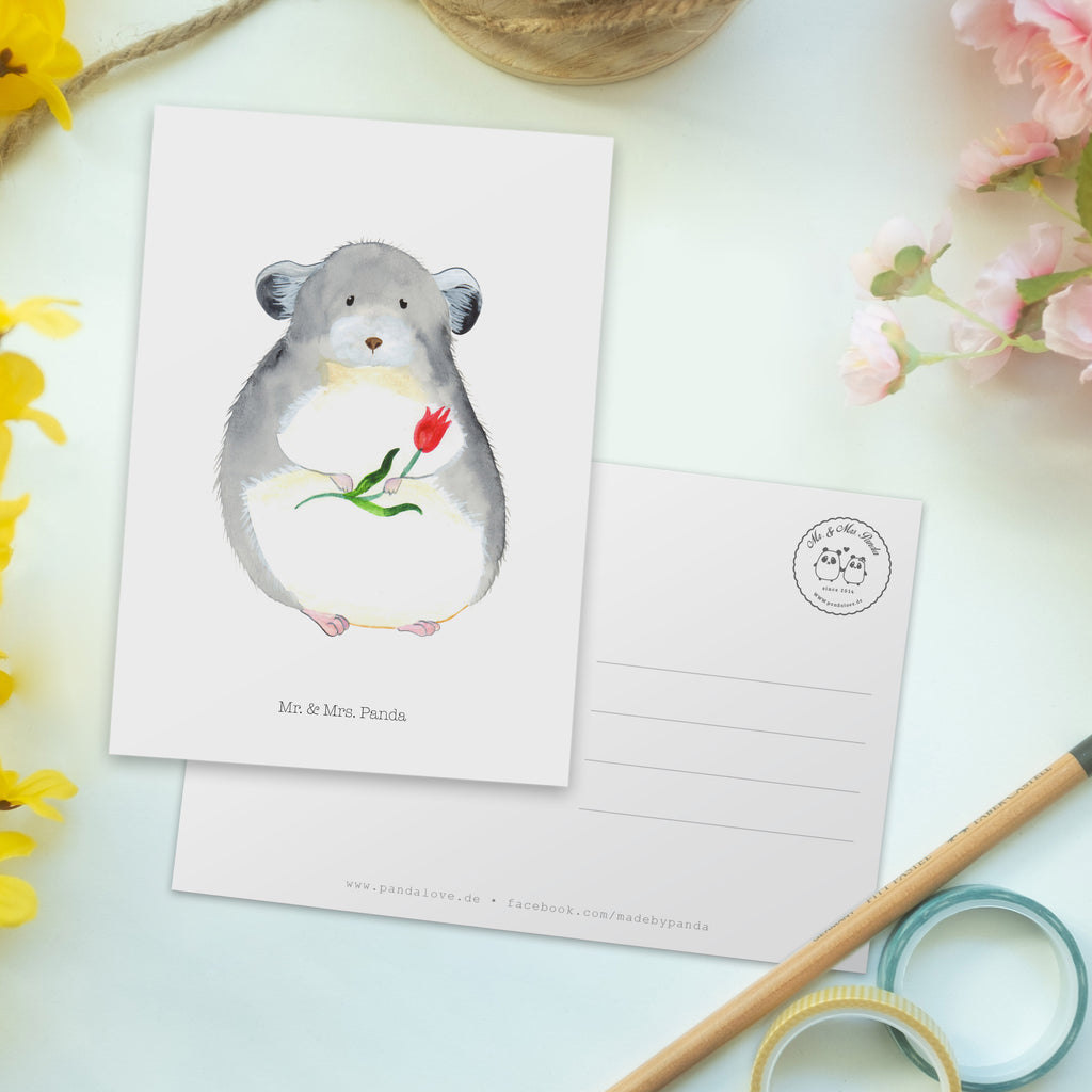 Postkarte Chinchilla mit Blume Geschenkkarte, Grußkarte, Karte, Einladung, Ansichtskarte, Geburtstagskarte, Einladungskarte, Dankeskarte, Tiermotive, Gute Laune, lustige Sprüche, Tiere, Chinchilla, Chinchillas, Liebeskummer, Kummer, Depressionen, traurig sein, Chaos, Glücklichsein, Büro, Büroalltag