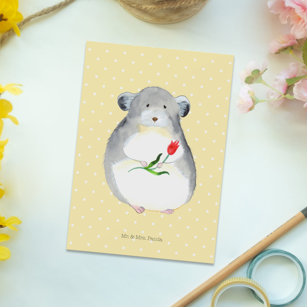 Postkarte Chinchilla mit Blume Geschenkkarte, Grußkarte, Karte, Einladung, Ansichtskarte, Geburtstagskarte, Einladungskarte, Dankeskarte, Tiermotive, Gute Laune, lustige Sprüche, Tiere, Chinchilla, Chinchillas, Liebeskummer, Kummer, Depressionen, traurig sein, Chaos, Glücklichsein, Büro, Büroalltag