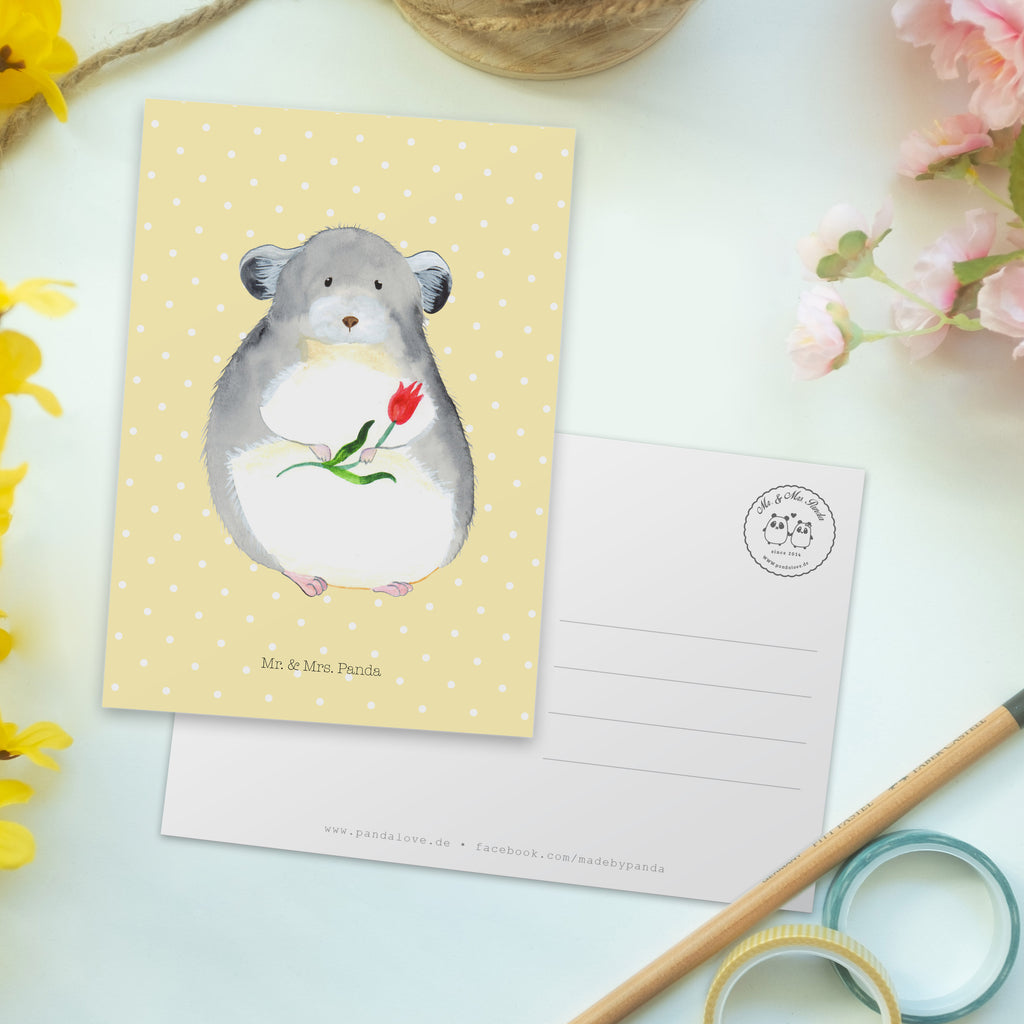 Postkarte Chinchilla mit Blume Geschenkkarte, Grußkarte, Karte, Einladung, Ansichtskarte, Geburtstagskarte, Einladungskarte, Dankeskarte, Tiermotive, Gute Laune, lustige Sprüche, Tiere, Chinchilla, Chinchillas, Liebeskummer, Kummer, Depressionen, traurig sein, Chaos, Glücklichsein, Büro, Büroalltag
