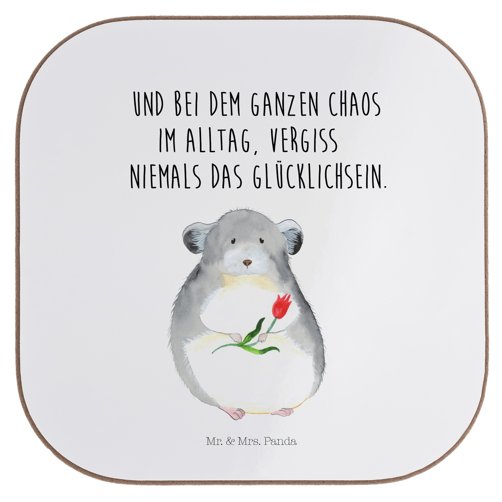 Quadratische Untersetzer Chinchilla mit Blume Bierdeckel, Glasuntersetzer, Untersetzer Gläser, Getränkeuntersetzer, Tiermotive, Gute Laune, lustige Sprüche, Tiere, Chinchilla, Chinchillas, Liebeskummer, Kummer, Depressionen, traurig sein, Chaos, Glücklichsein, Büro, Büroalltag