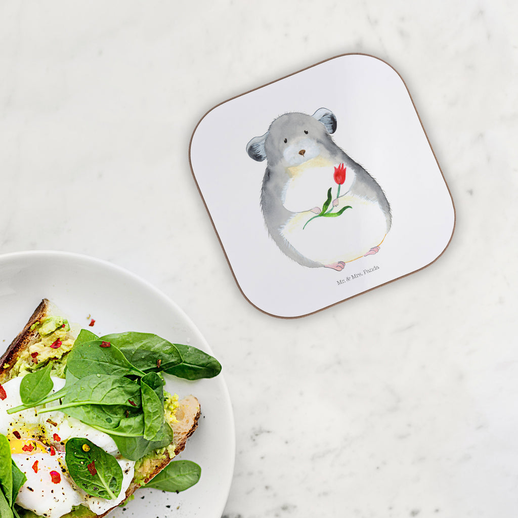 Quadratische Untersetzer Chinchilla mit Blume Bierdeckel, Glasuntersetzer, Untersetzer Gläser, Getränkeuntersetzer, Tiermotive, Gute Laune, lustige Sprüche, Tiere, Chinchilla, Chinchillas, Liebeskummer, Kummer, Depressionen, traurig sein, Chaos, Glücklichsein, Büro, Büroalltag