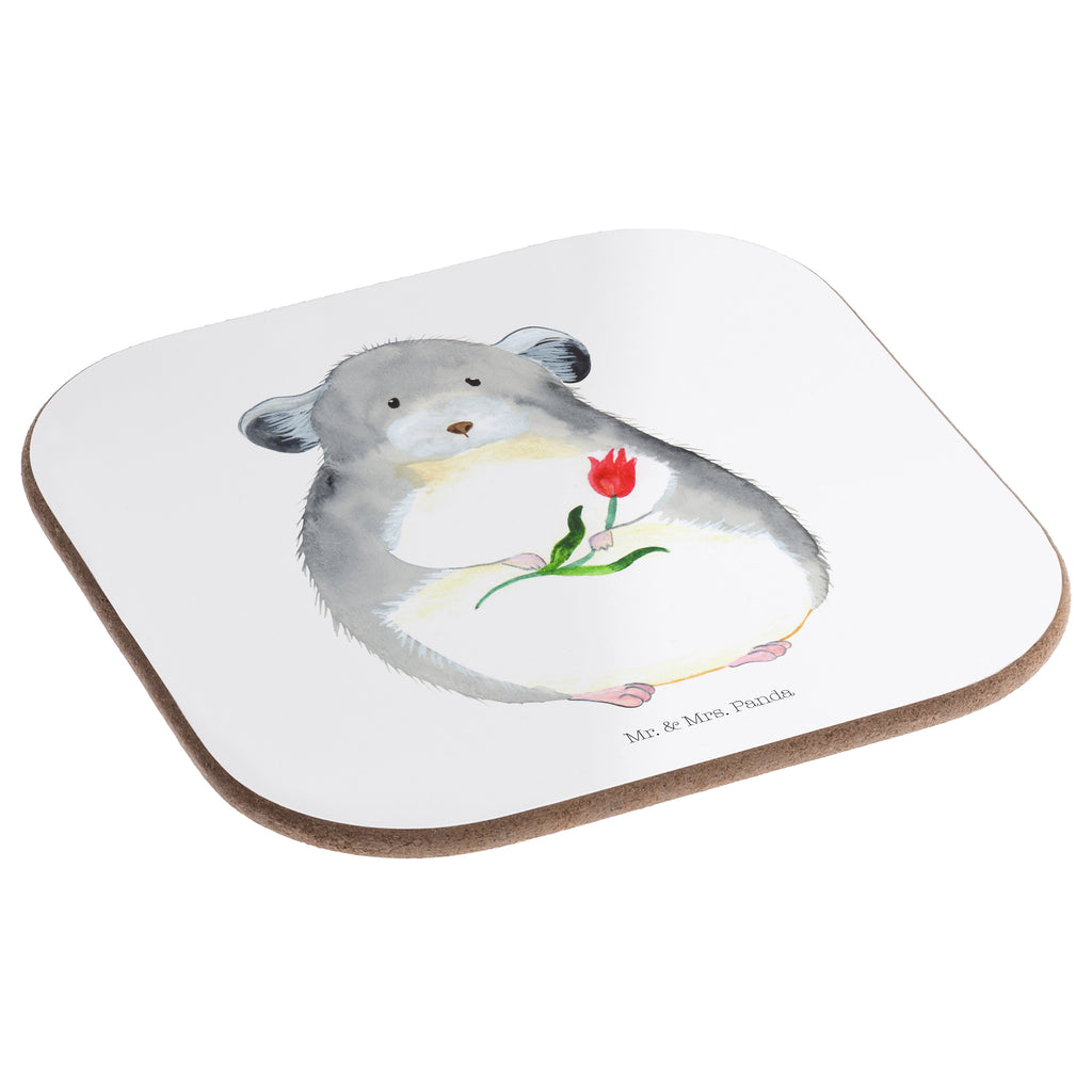 Quadratische Untersetzer Chinchilla mit Blume Bierdeckel, Glasuntersetzer, Untersetzer Gläser, Getränkeuntersetzer, Tiermotive, Gute Laune, lustige Sprüche, Tiere, Chinchilla, Chinchillas, Liebeskummer, Kummer, Depressionen, traurig sein, Chaos, Glücklichsein, Büro, Büroalltag