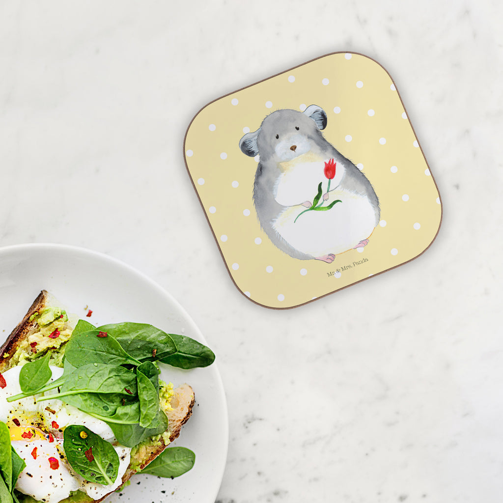 Quadratische Untersetzer Chinchilla mit Blume Bierdeckel, Glasuntersetzer, Untersetzer Gläser, Getränkeuntersetzer, Tiermotive, Gute Laune, lustige Sprüche, Tiere, Chinchilla, Chinchillas, Liebeskummer, Kummer, Depressionen, traurig sein, Chaos, Glücklichsein, Büro, Büroalltag