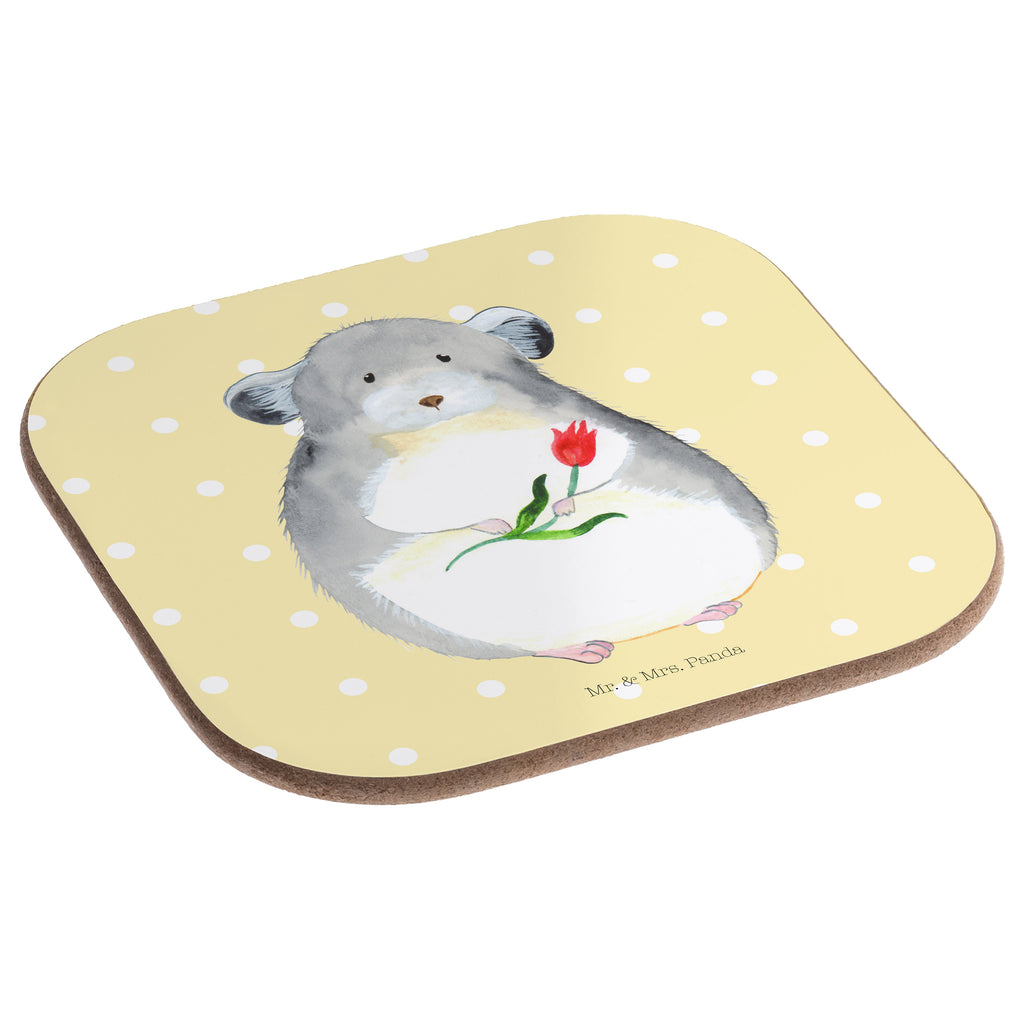 Quadratische Untersetzer Chinchilla mit Blume Bierdeckel, Glasuntersetzer, Untersetzer Gläser, Getränkeuntersetzer, Tiermotive, Gute Laune, lustige Sprüche, Tiere, Chinchilla, Chinchillas, Liebeskummer, Kummer, Depressionen, traurig sein, Chaos, Glücklichsein, Büro, Büroalltag