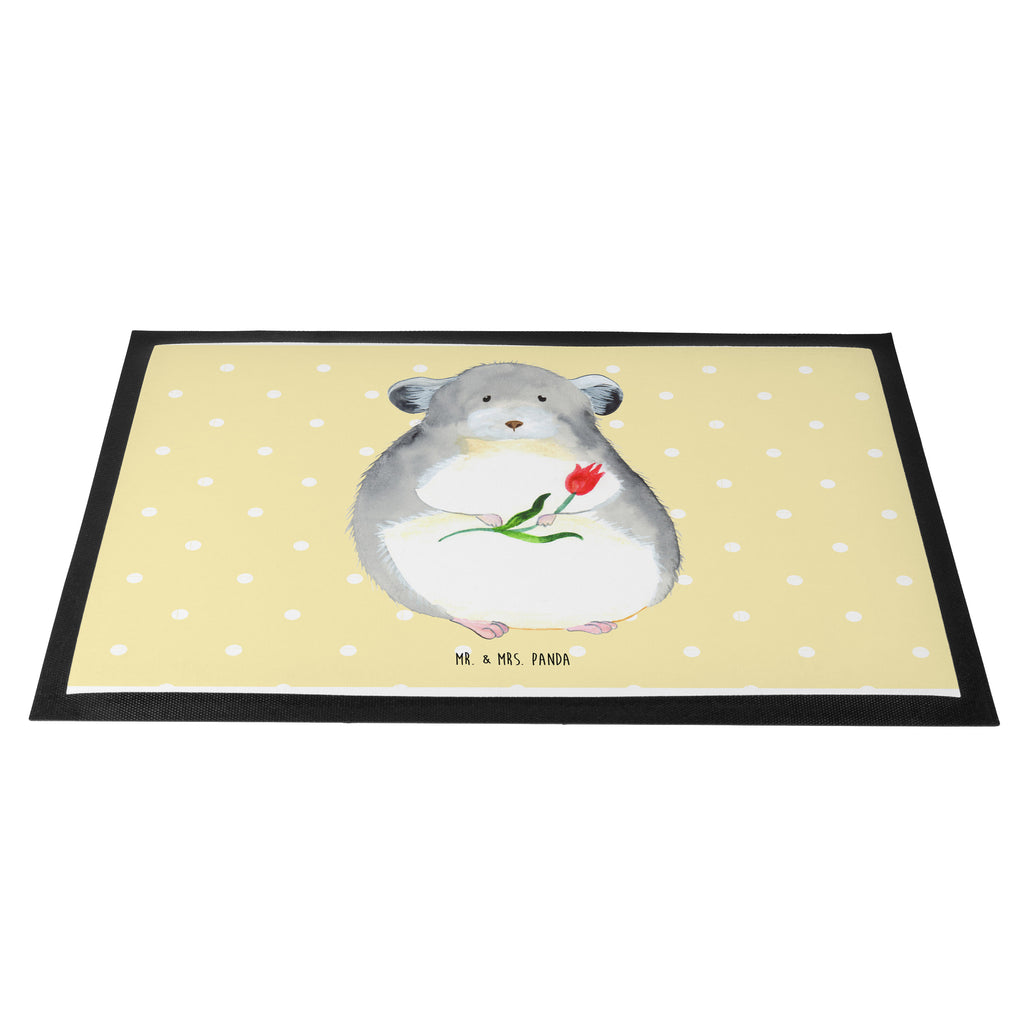 Fußmatte Chinchilla mit Blume Chinchilla, Chinchillas, Liebeskummer, Kummer, Depressionen, traurig sein, Chaos, Glücklichsein, Büro, Büroalltag Türvorleger, Schmutzmatte, Fußabtreter, Matte, Schmutzfänger, Fußabstreifer, Schmutzfangmatte, Türmatte, Motivfußmatte,  Haustürmatte, Vorleger  süße Tiermotive, gute Laune, lustige Sprüche, Tiere