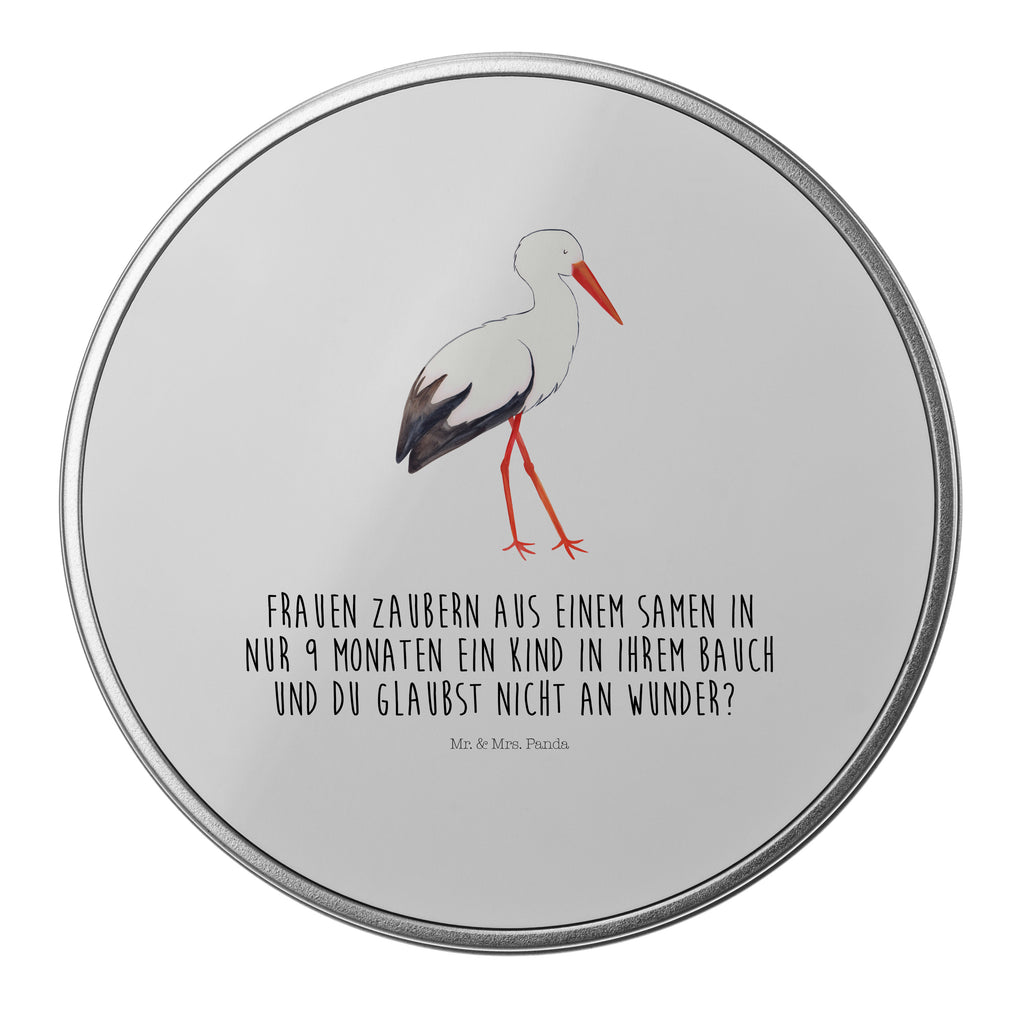 Blechdose rund Storch Metalldose, Keksdose, Dose, Vorratsdose, Geschenkbox, Tiermotive, Gute Laune, lustige Sprüche, Tiere, Storch, Störche, Schwangerschaft, Geburt, Mutter, Mütter, Mutter werden, Schwanger, Babybauch, Baby