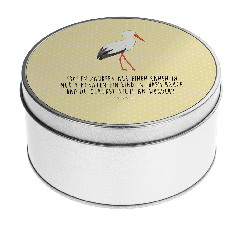 Blechdose rund Storch Metalldose, Keksdose, Dose, Vorratsdose, Geschenkbox, Tiermotive, Gute Laune, lustige Sprüche, Tiere, Storch, Störche, Schwangerschaft, Geburt, Mutter, Mütter, Mutter werden, Schwanger, Babybauch, Baby