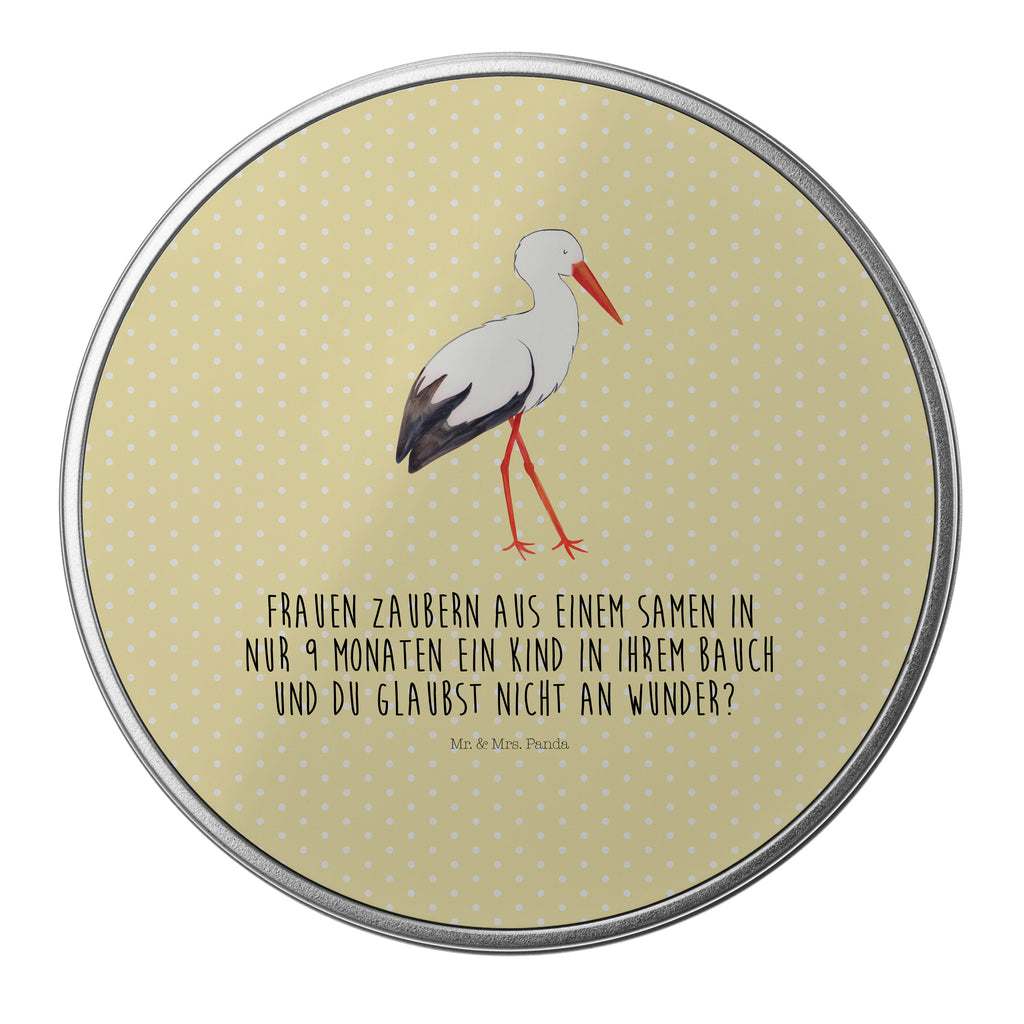 Blechdose rund Storch Metalldose, Keksdose, Dose, Vorratsdose, Geschenkbox, Tiermotive, Gute Laune, lustige Sprüche, Tiere, Storch, Störche, Schwangerschaft, Geburt, Mutter, Mütter, Mutter werden, Schwanger, Babybauch, Baby