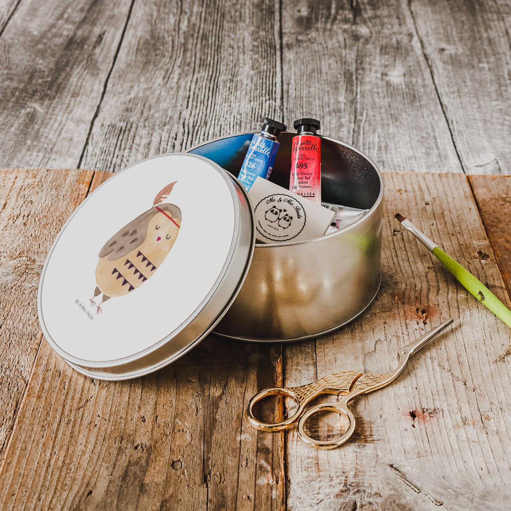 Blechdose rund Eule Federschmuck Metalldose, Keksdose, Dose, Vorratsdose, Geschenkbox, Eule, Eule Deko, Owl, Das Leben ist ein Abenteuer, Reisespruch, Federschmuck, Dekoration