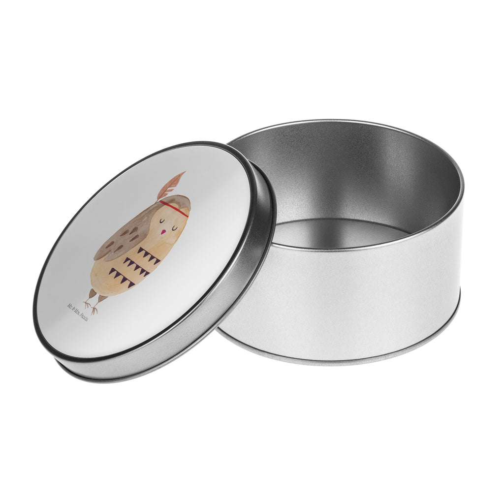 Blechdose rund Eule Federschmuck Metalldose, Keksdose, Dose, Vorratsdose, Geschenkbox, Eule, Eule Deko, Owl, Das Leben ist ein Abenteuer, Reisespruch, Federschmuck, Dekoration