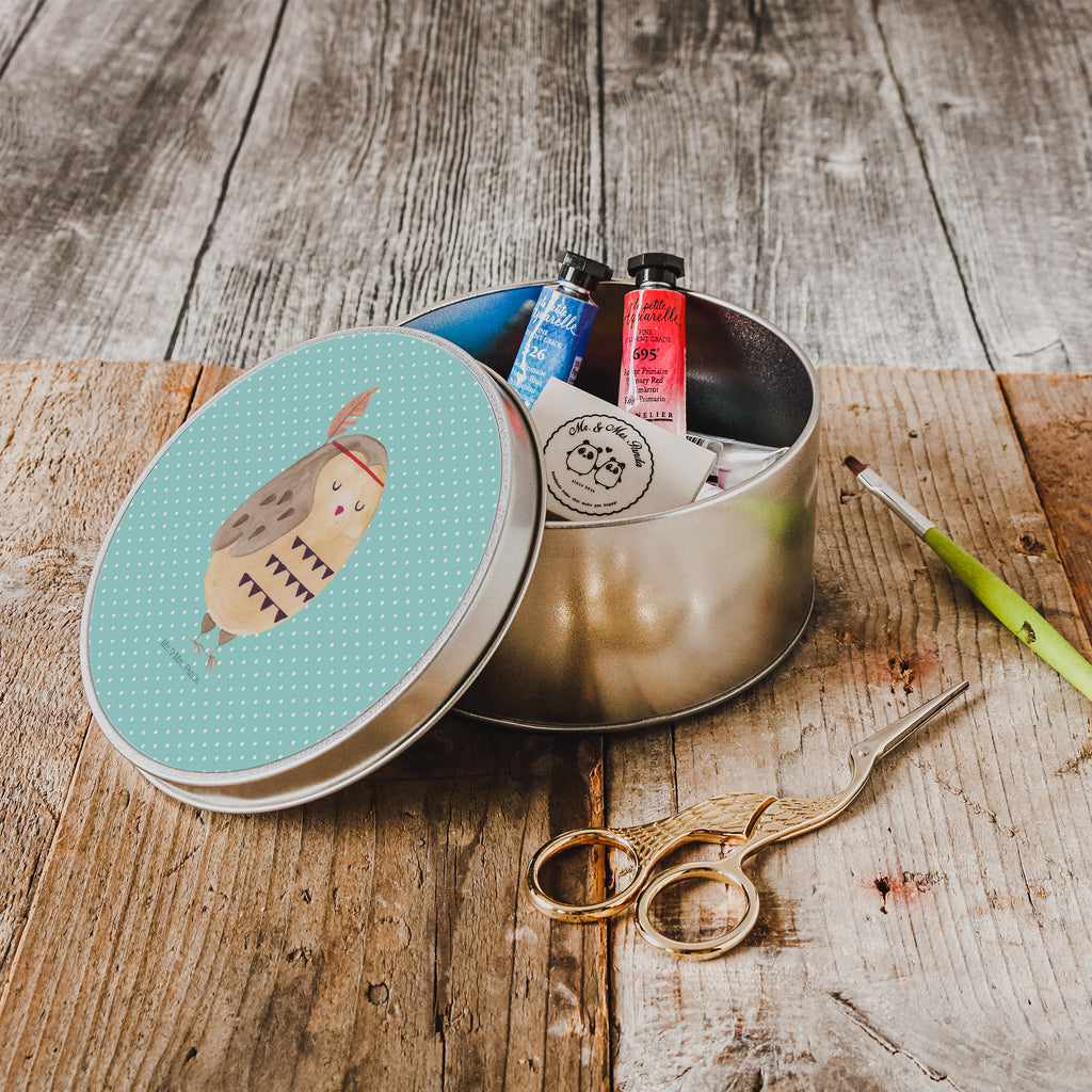Blechdose rund Eule Federschmuck Metalldose, Keksdose, Dose, Vorratsdose, Geschenkbox, Eule, Eule Deko, Owl, Das Leben ist ein Abenteuer, Reisespruch, Federschmuck, Dekoration
