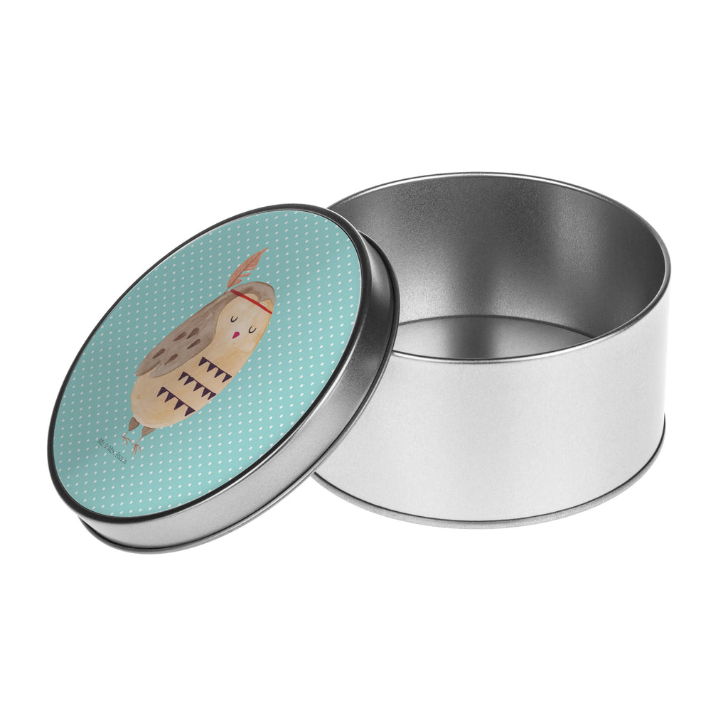 Blechdose rund Eule Federschmuck Metalldose, Keksdose, Dose, Vorratsdose, Geschenkbox, Eule, Eule Deko, Owl, Das Leben ist ein Abenteuer, Reisespruch, Federschmuck, Dekoration