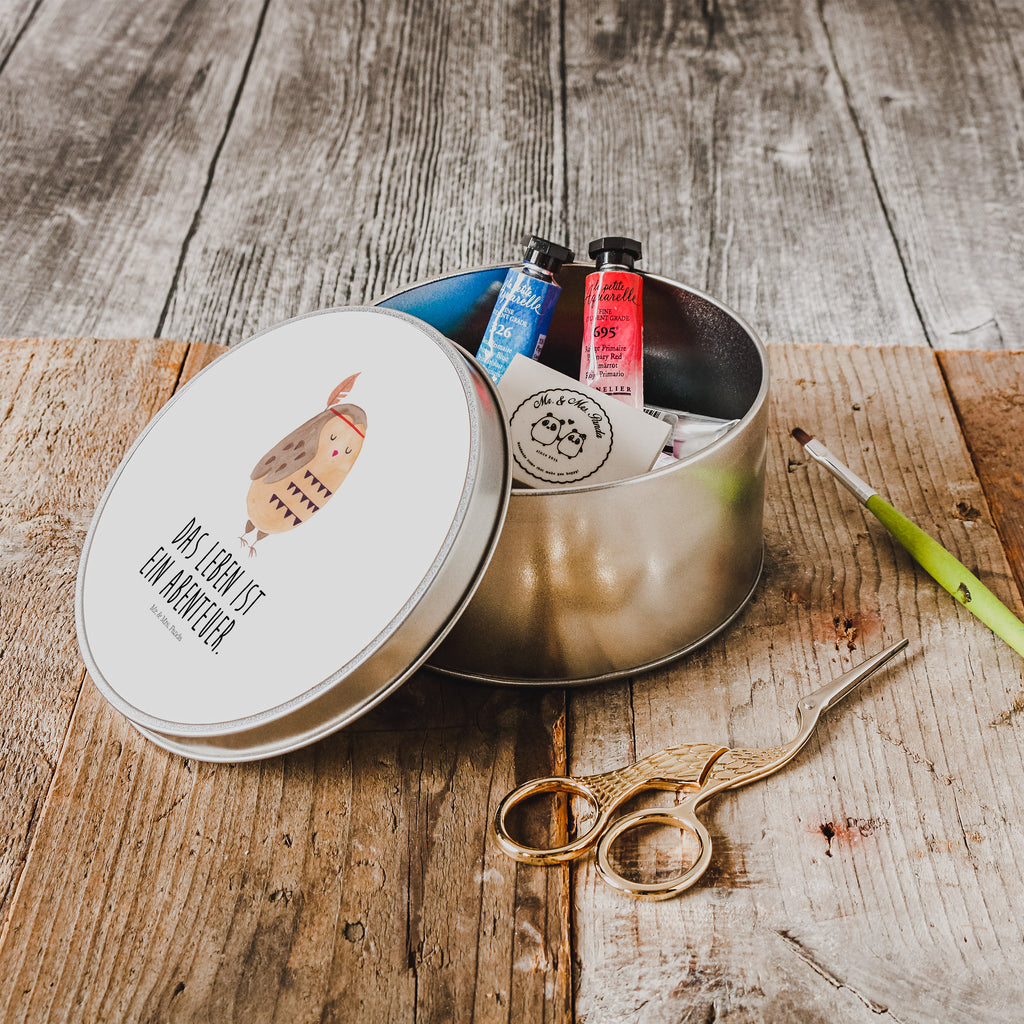 Blechdose rund Eule Federschmuck Metalldose, Keksdose, Dose, Vorratsdose, Geschenkbox, Eule, Eule Deko, Owl, Das Leben ist ein Abenteuer, Reisespruch, Federschmuck, Dekoration