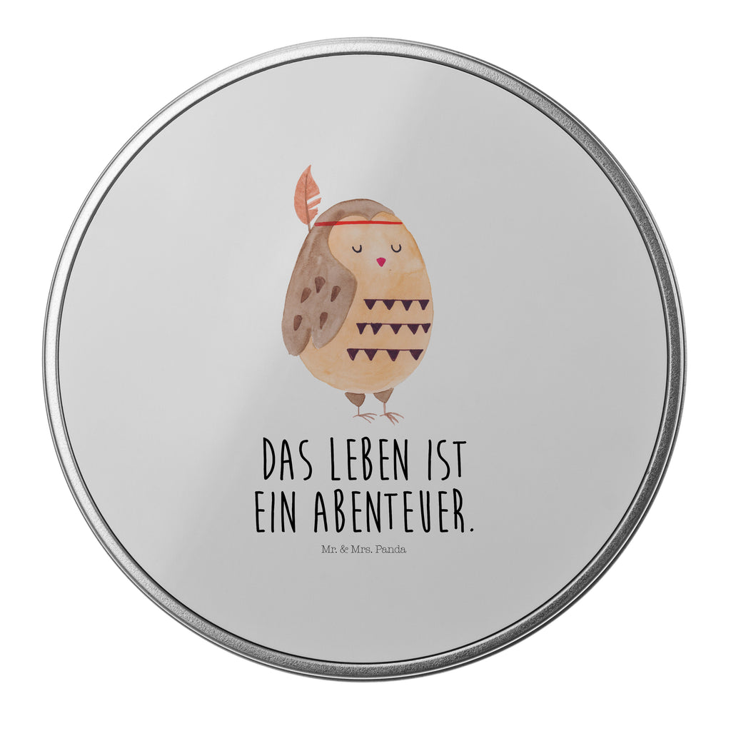 Blechdose rund Eule Federschmuck Metalldose, Keksdose, Dose, Vorratsdose, Geschenkbox, Eule, Eule Deko, Owl, Das Leben ist ein Abenteuer, Reisespruch, Federschmuck, Dekoration
