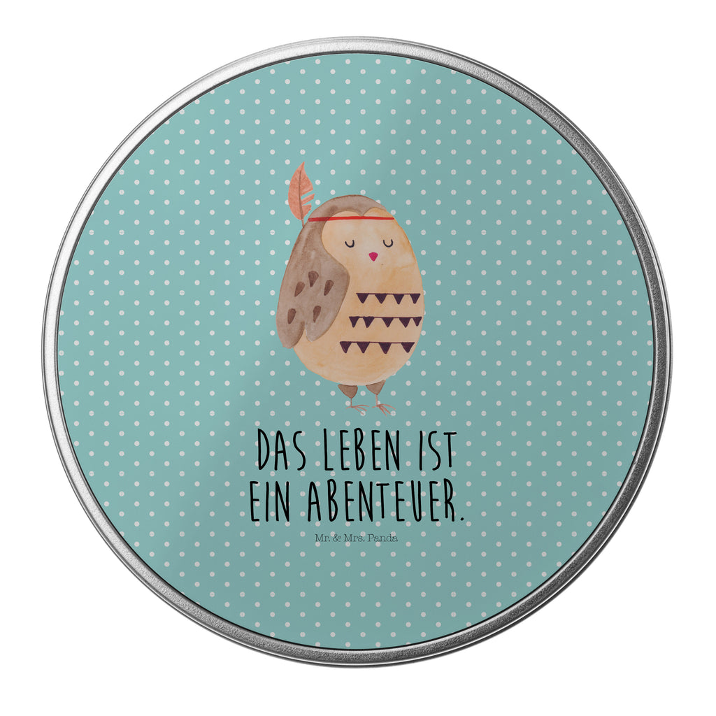 Blechdose rund Eule Federschmuck Metalldose, Keksdose, Dose, Vorratsdose, Geschenkbox, Eule, Eule Deko, Owl, Das Leben ist ein Abenteuer, Reisespruch, Federschmuck, Dekoration