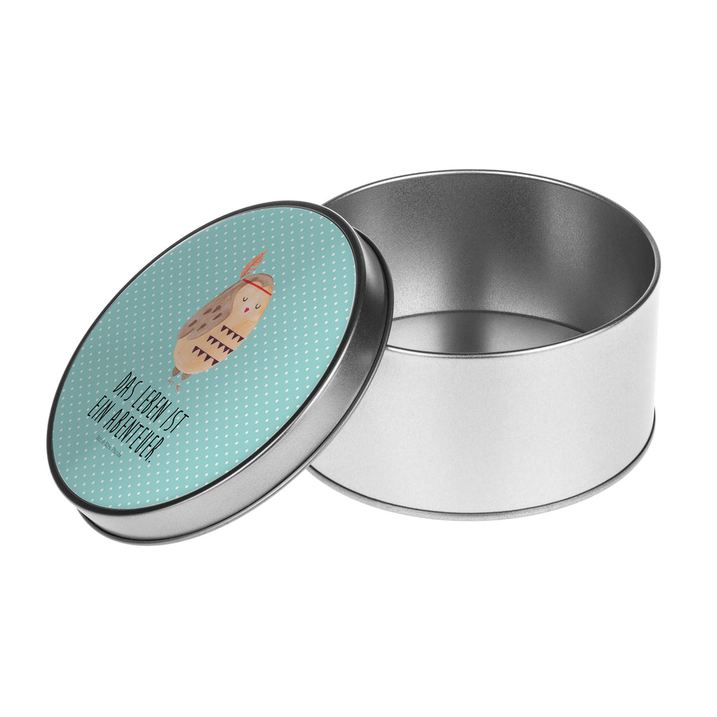 Blechdose rund Eule Federschmuck Metalldose, Keksdose, Dose, Vorratsdose, Geschenkbox, Eule, Eule Deko, Owl, Das Leben ist ein Abenteuer, Reisespruch, Federschmuck, Dekoration