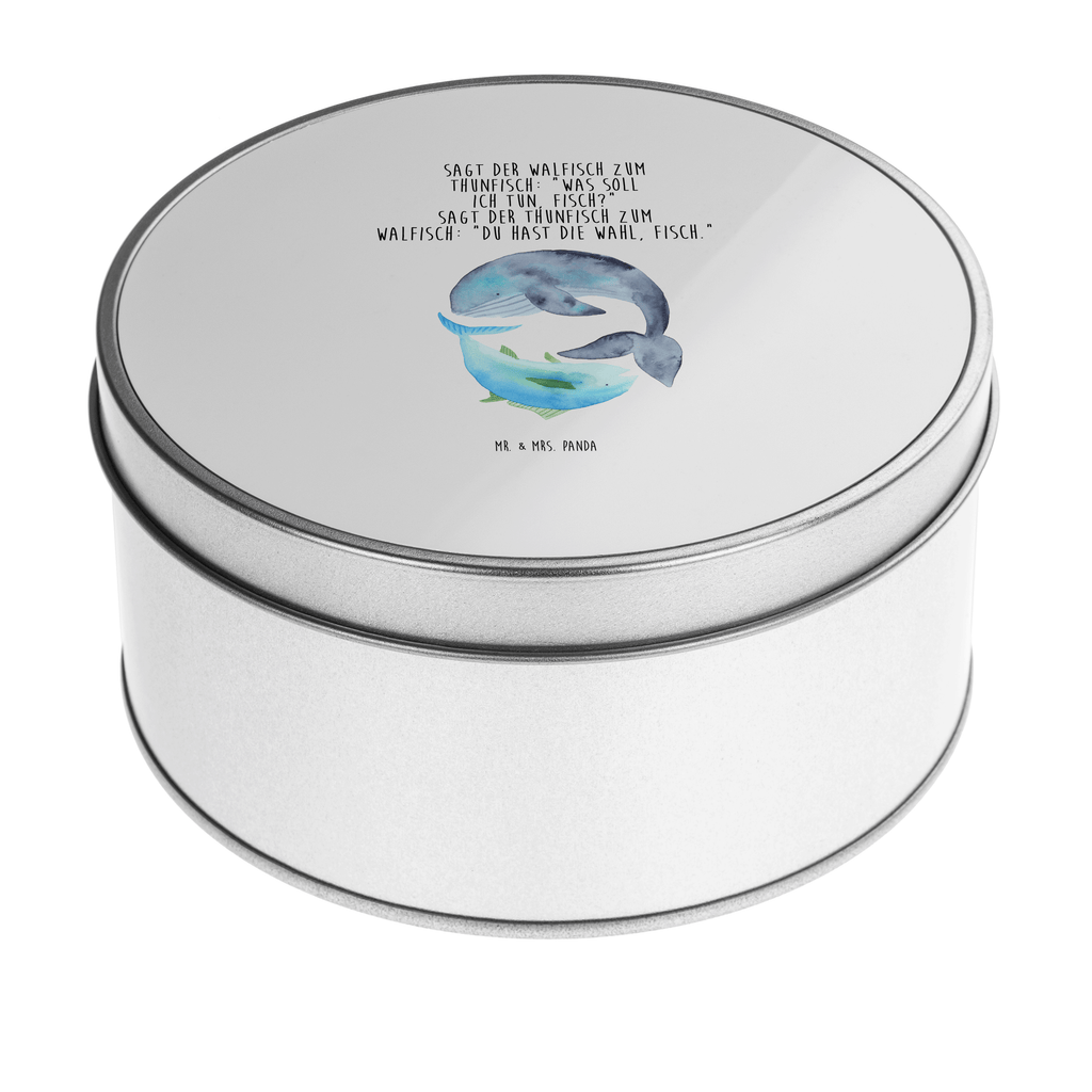 Blechdose rund Walfisch & Thunfisch Metalldose, Keksdose, Dose, Vorratsdose, Geschenkbox, Tiermotive, Gute Laune, lustige Sprüche, Tiere, Wal, Wahl, Tunfisch, Wortwitz lustig, Spruch lustig, Flachwitz, Witz, Spruch des Tages, Flachwitz Geschenk