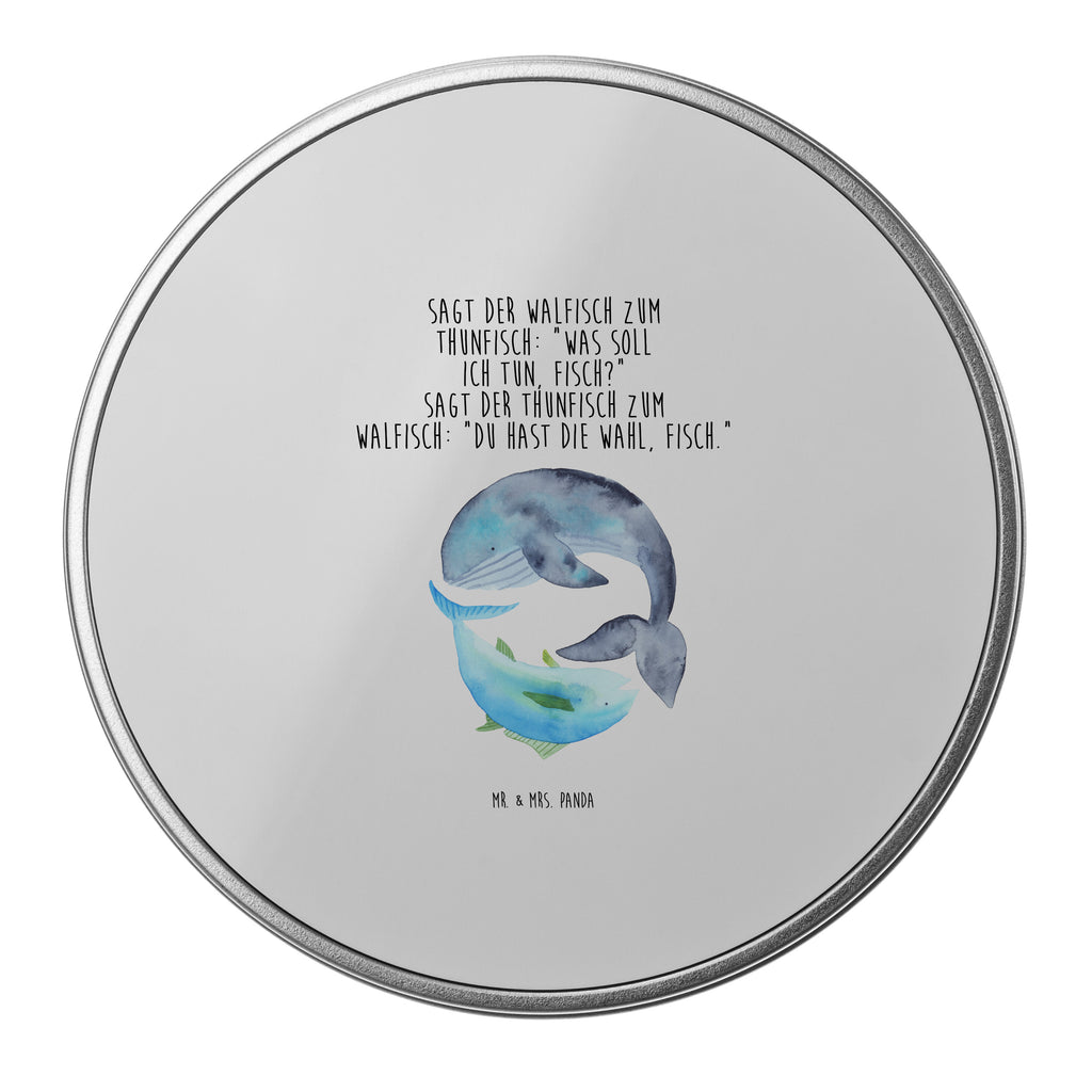 Blechdose rund Walfisch & Thunfisch Metalldose, Keksdose, Dose, Vorratsdose, Geschenkbox, Tiermotive, Gute Laune, lustige Sprüche, Tiere, Wal, Wahl, Tunfisch, Wortwitz lustig, Spruch lustig, Flachwitz, Witz, Spruch des Tages, Flachwitz Geschenk