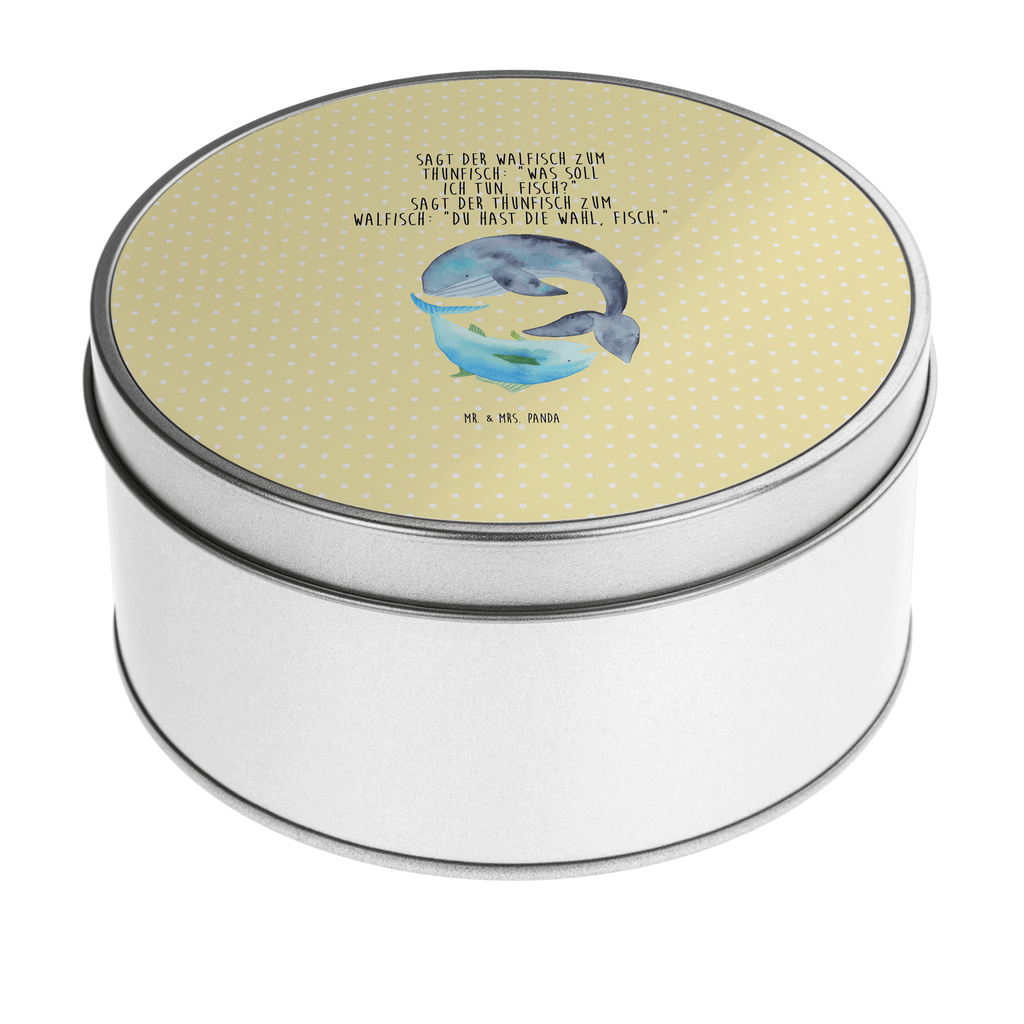 Blechdose rund Walfisch & Thunfisch Metalldose, Keksdose, Dose, Vorratsdose, Geschenkbox, Tiermotive, Gute Laune, lustige Sprüche, Tiere, Wal, Wahl, Tunfisch, Wortwitz lustig, Spruch lustig, Flachwitz, Witz, Spruch des Tages, Flachwitz Geschenk