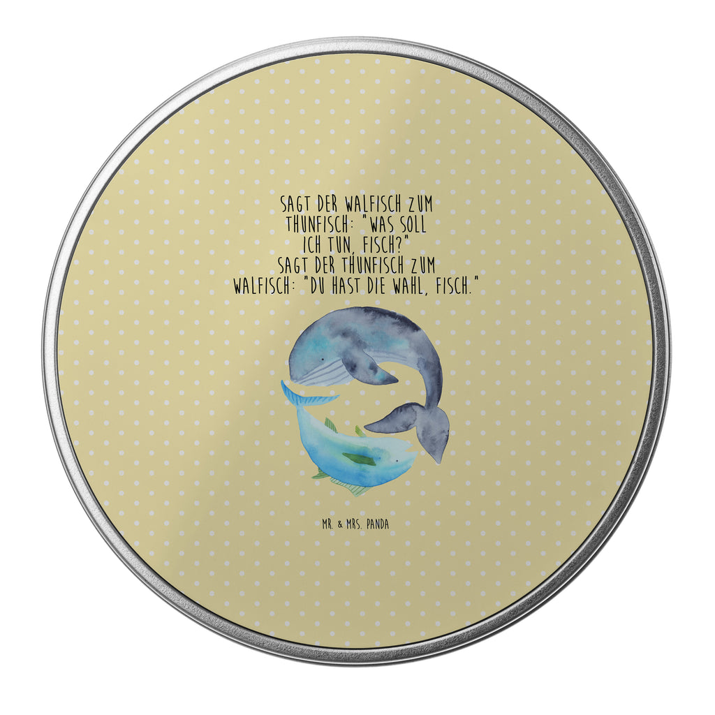 Blechdose rund Walfisch & Thunfisch Metalldose, Keksdose, Dose, Vorratsdose, Geschenkbox, Tiermotive, Gute Laune, lustige Sprüche, Tiere, Wal, Wahl, Tunfisch, Wortwitz lustig, Spruch lustig, Flachwitz, Witz, Spruch des Tages, Flachwitz Geschenk