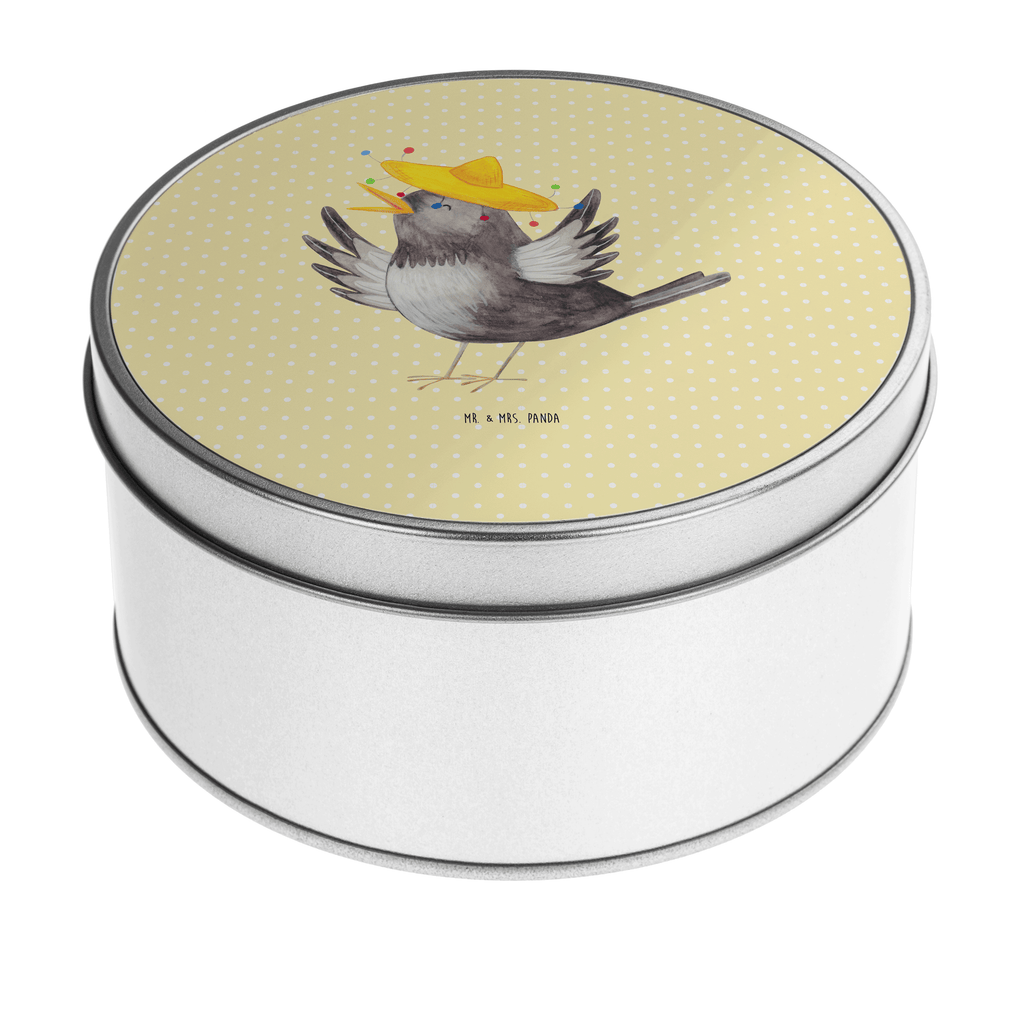 Blechdose rund Rabe mit Sombrero Metalldose, Keksdose, Dose, Vorratsdose, Geschenkbox, Tiermotive, Gute Laune, lustige Sprüche, Tiere, Rabe, Vogel, Vögel, Spruch positiv, fröhlich sein, glücklich sein, Glück Spruch, froh, Elster, Motivation