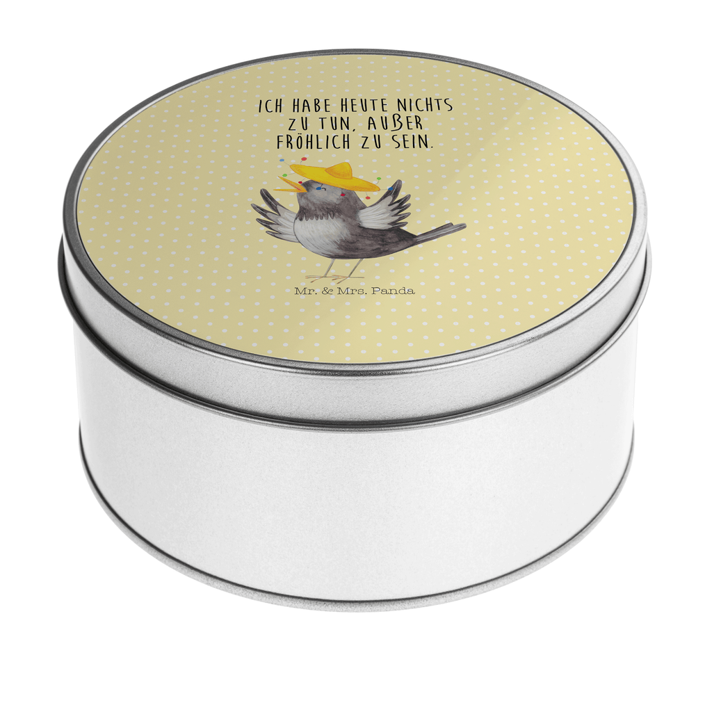 Blechdose rund Rabe mit Sombrero Metalldose, Keksdose, Dose, Vorratsdose, Geschenkbox, Tiermotive, Gute Laune, lustige Sprüche, Tiere, Rabe, Vogel, Vögel, Spruch positiv, fröhlich sein, glücklich sein, Glück Spruch, froh, Elster, Motivation