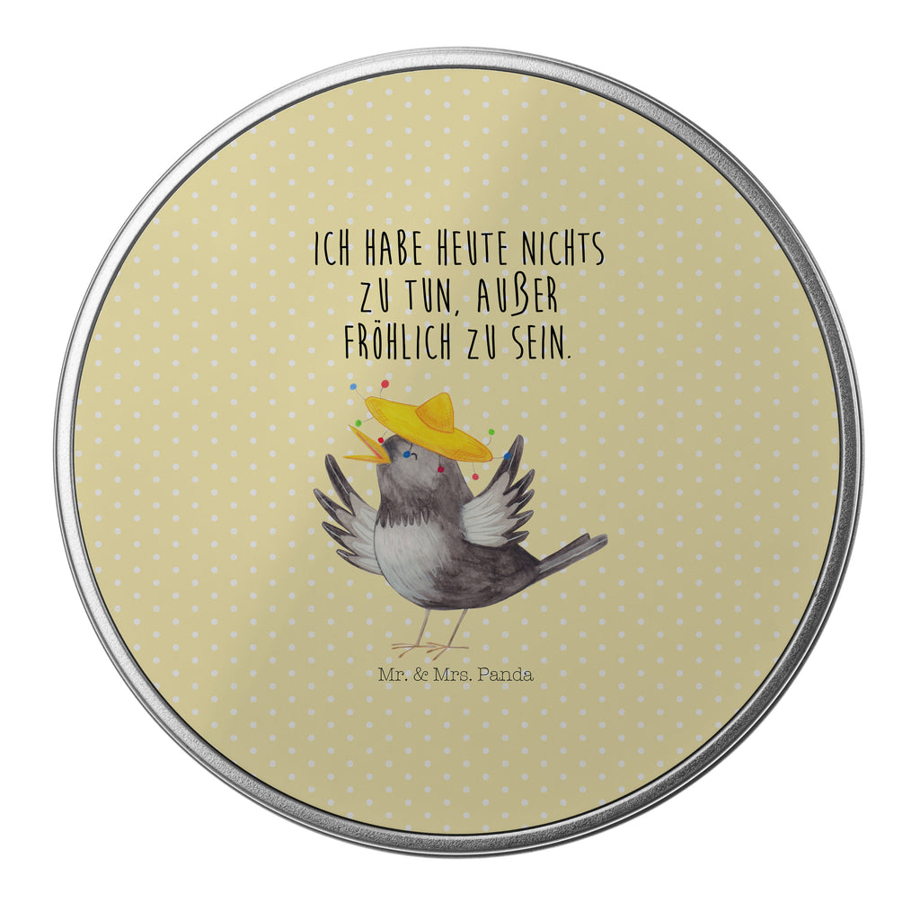 Blechdose rund Rabe mit Sombrero Metalldose, Keksdose, Dose, Vorratsdose, Geschenkbox, Tiermotive, Gute Laune, lustige Sprüche, Tiere, Rabe, Vogel, Vögel, Spruch positiv, fröhlich sein, glücklich sein, Glück Spruch, froh, Elster, Motivation