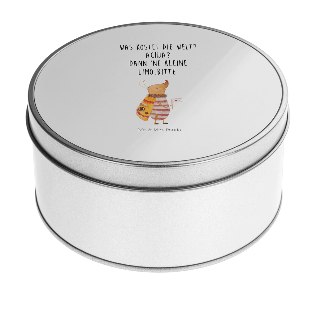 Blechdose rund Nachtfalter mit Fähnchen Metalldose, Keksdose, Dose, Vorratsdose, Geschenkbox, Tiermotive, Gute Laune, lustige Sprüche, Tiere, Nachtfalter, Käfer, Spruch lustig, Spruch witzig, süß, niedlich, Küche Deko, Was kostet die Welt