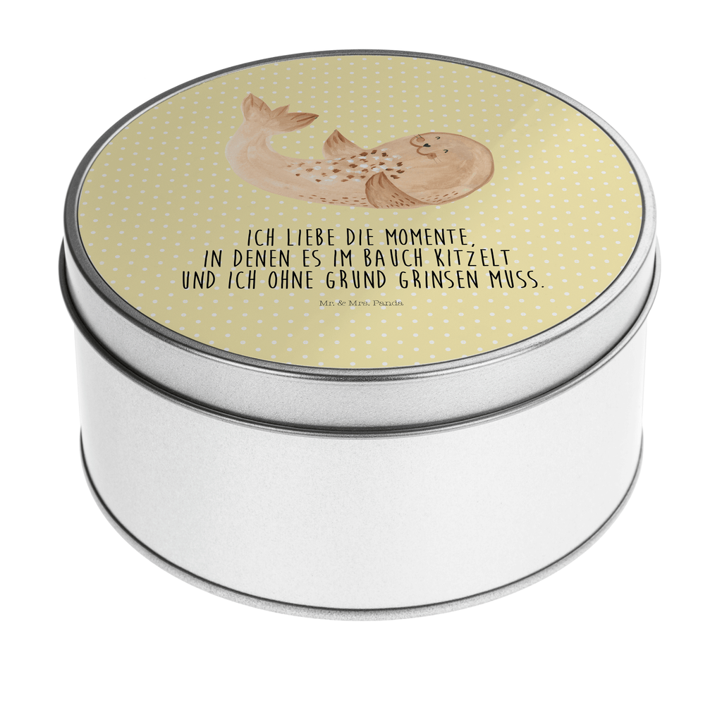 Blechdose rund Robbe liegend Metalldose, Keksdose, Dose, Vorratsdose, Geschenkbox, Tiermotive, Gute Laune, lustige Sprüche, Tiere, Robbe, Robben, Seehund, Strand, Meerestier, Ostsee, Nordsee, Lachen, Freude