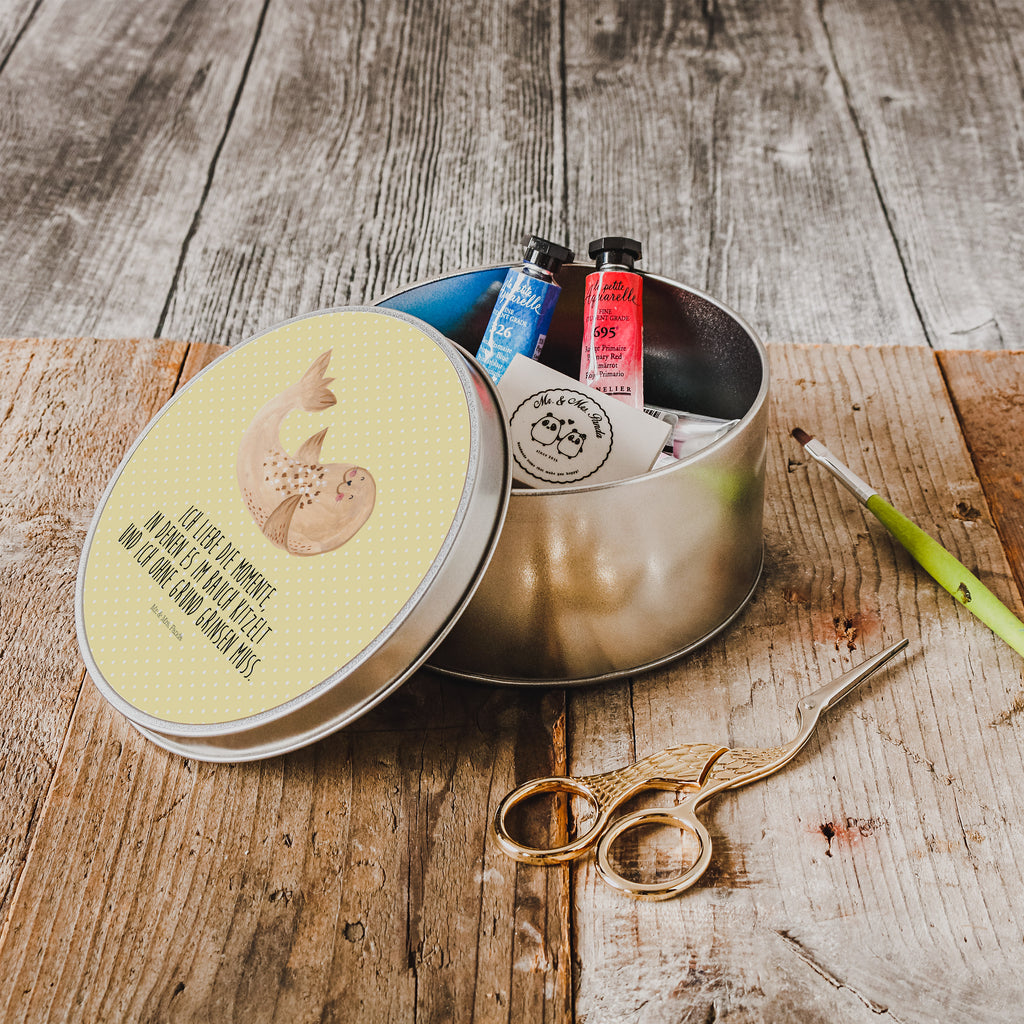 Blechdose rund Robbe liegend Metalldose, Keksdose, Dose, Vorratsdose, Geschenkbox, Tiermotive, Gute Laune, lustige Sprüche, Tiere, Robbe, Robben, Seehund, Strand, Meerestier, Ostsee, Nordsee, Lachen, Freude