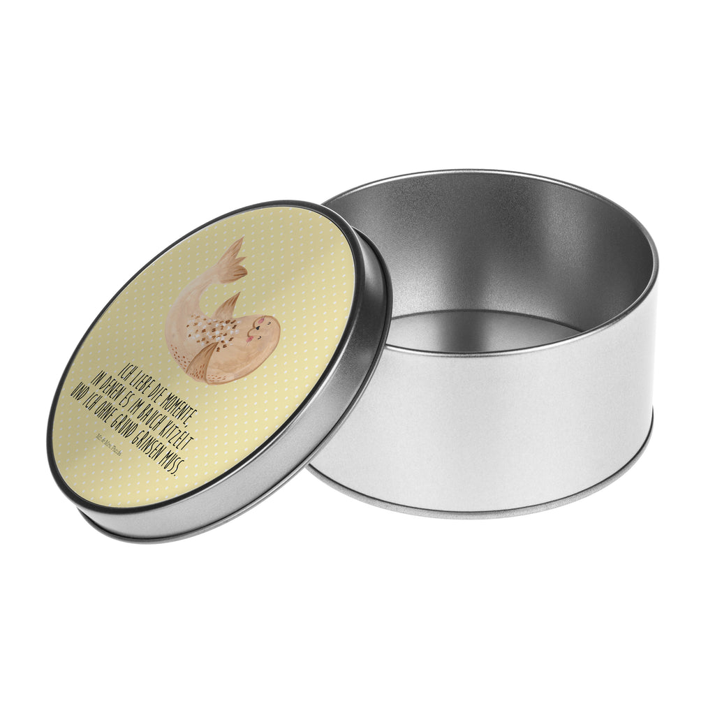 Blechdose rund Robbe liegend Metalldose, Keksdose, Dose, Vorratsdose, Geschenkbox, Tiermotive, Gute Laune, lustige Sprüche, Tiere, Robbe, Robben, Seehund, Strand, Meerestier, Ostsee, Nordsee, Lachen, Freude