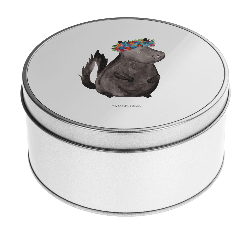 Blechdose rund Stinktier Blumenmaedchen Metalldose, Keksdose, Dose, Vorratsdose, Geschenkbox, Stinktier, Skunk, Wildtier, Raubtier, Stinker, Stinki, Yoga, Namaste, Lebe, Liebe, Lache